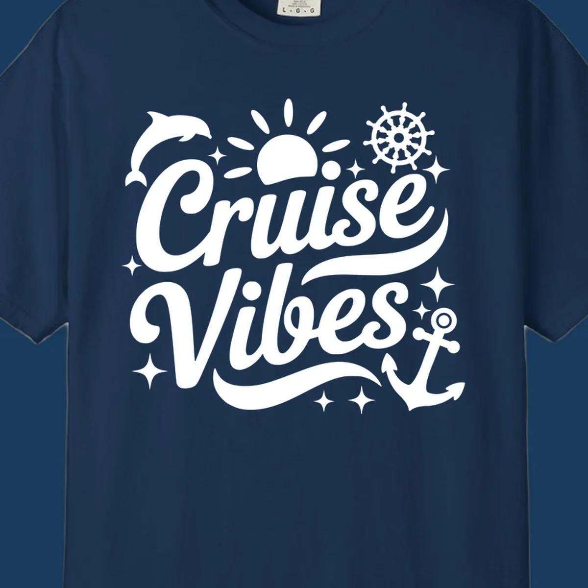 Cruise Vibes text with nautical elements like dolphin, sun, ship's wheel, and anchor.