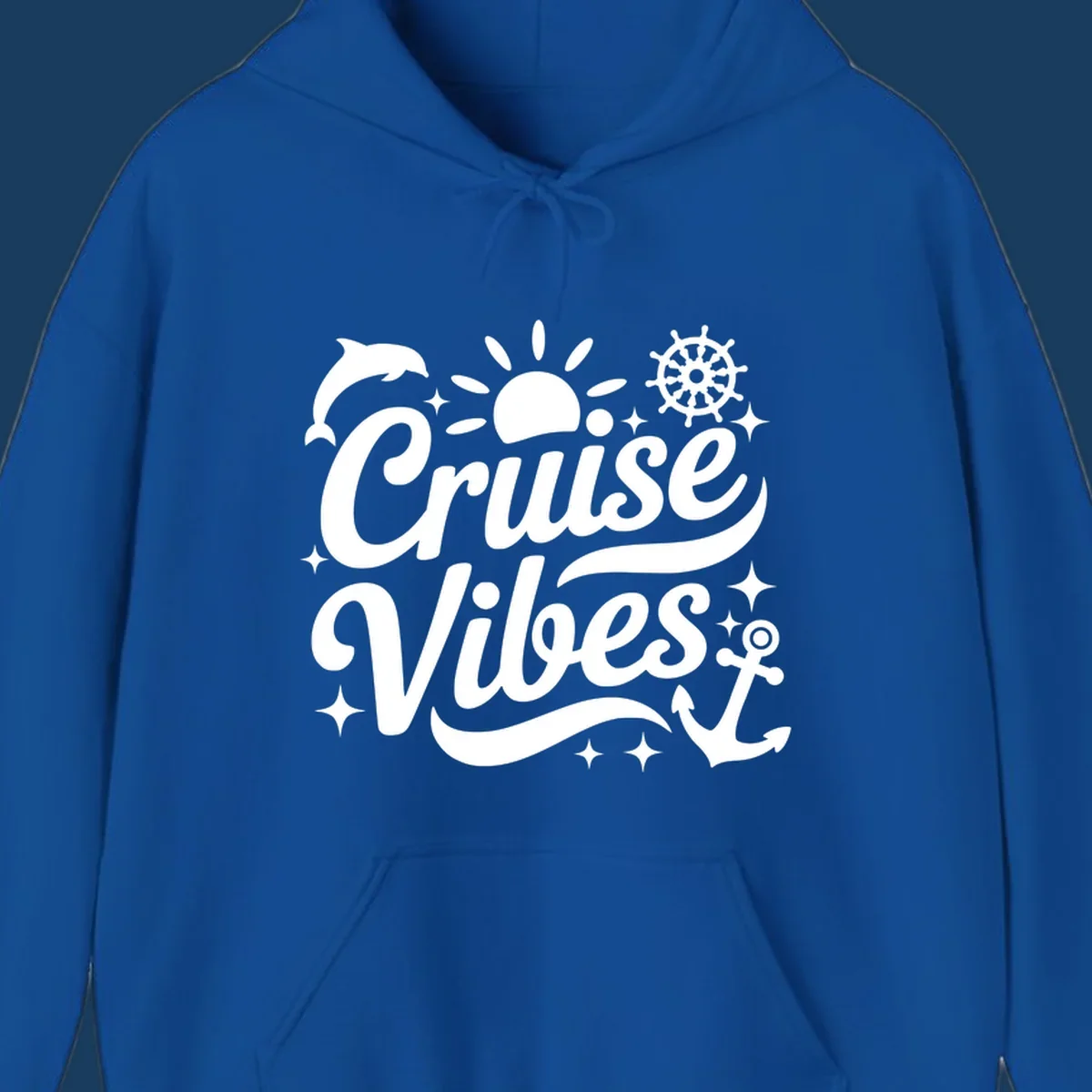 Cruise Vibes text with nautical elements like dolphin, sun, ship's wheel, and anchor.