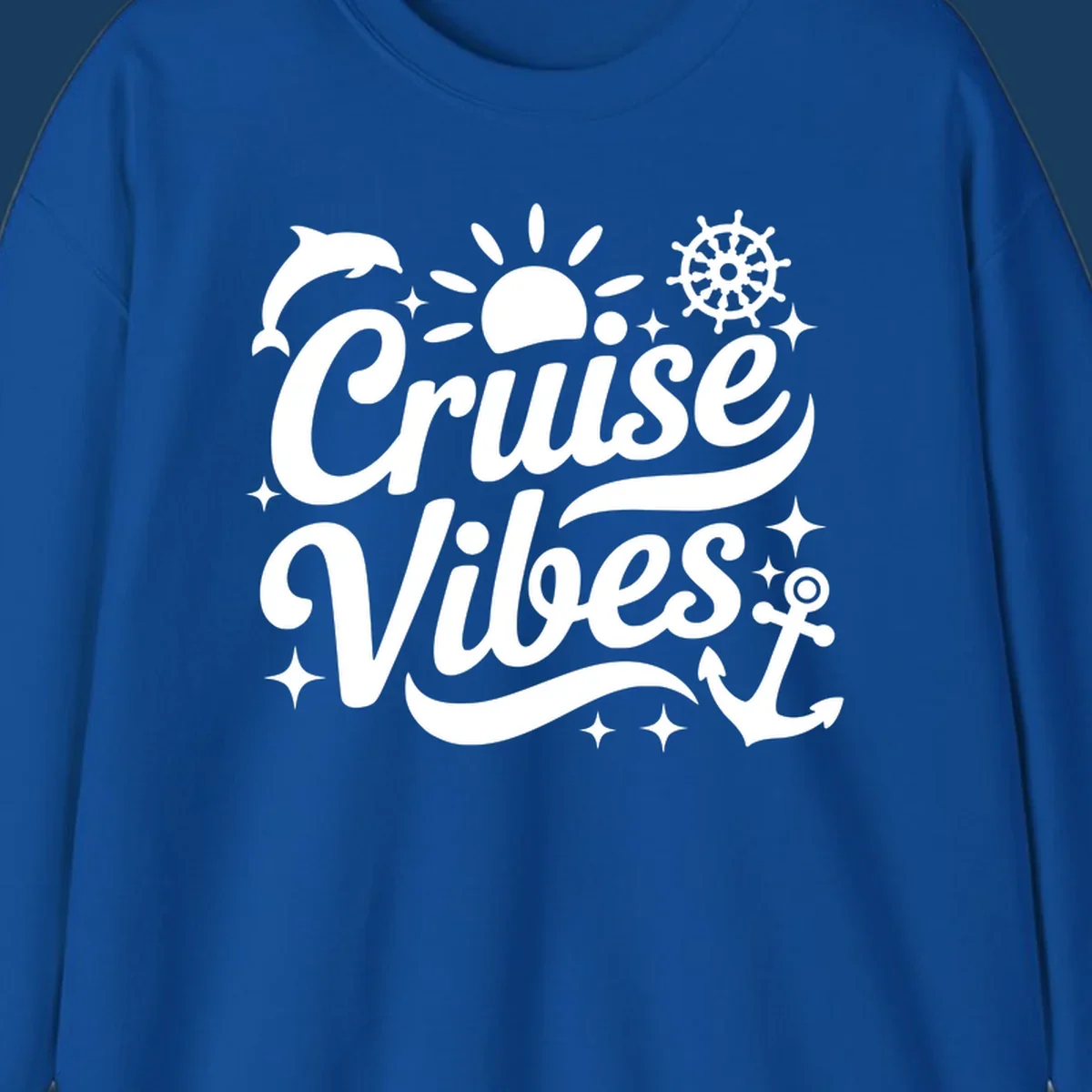 Cruise Vibes text with nautical elements like dolphin, sun, ship's wheel, and anchor.