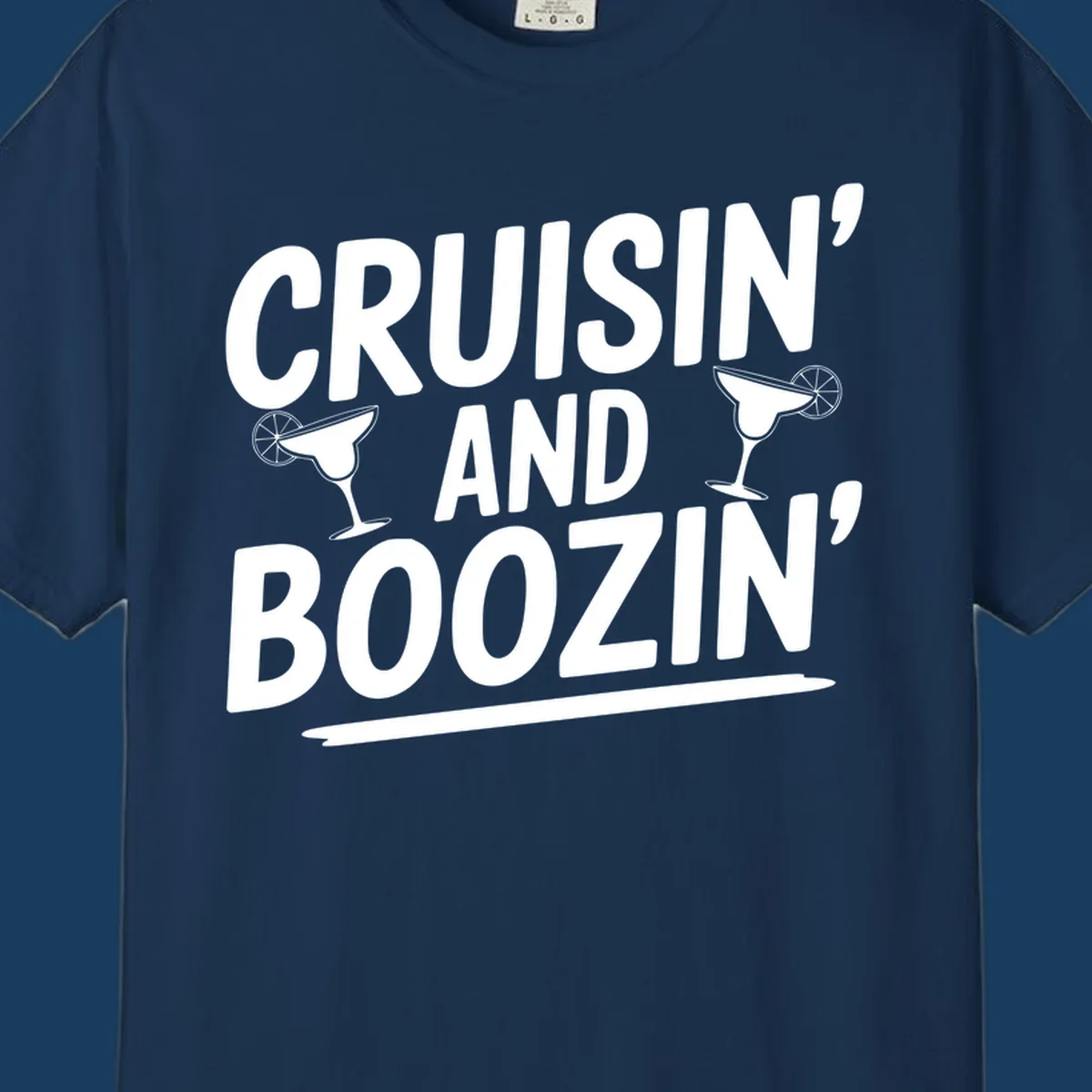 Cruisin' and Boozin' text with margarita glasses, white on black.