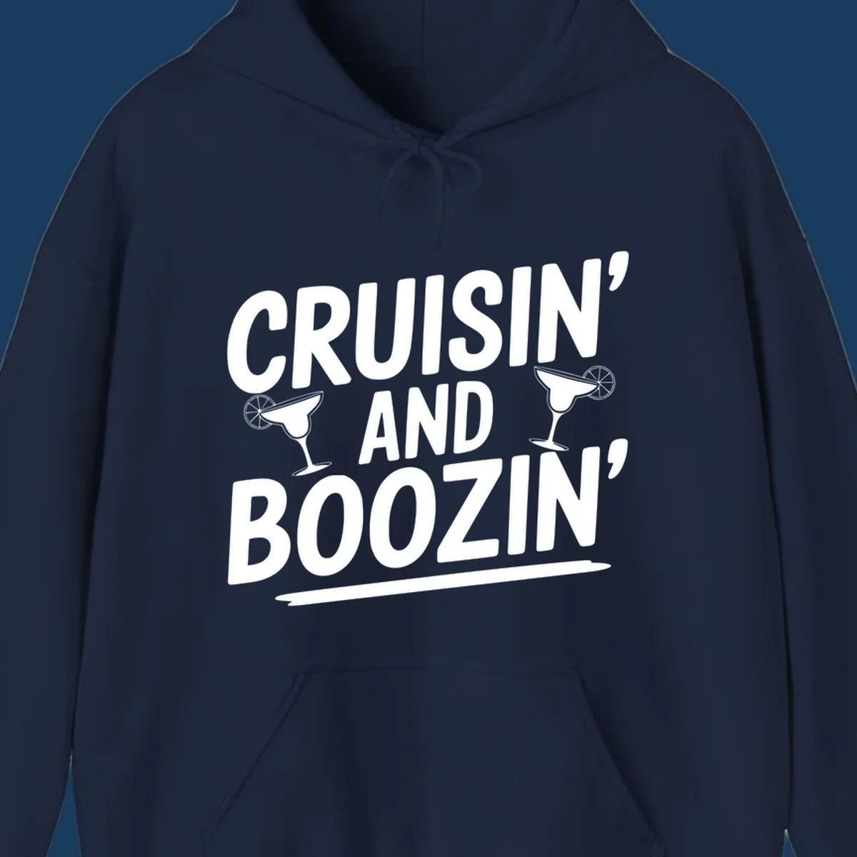 Cruisin' and Boozin' text with margarita glasses, white on black.