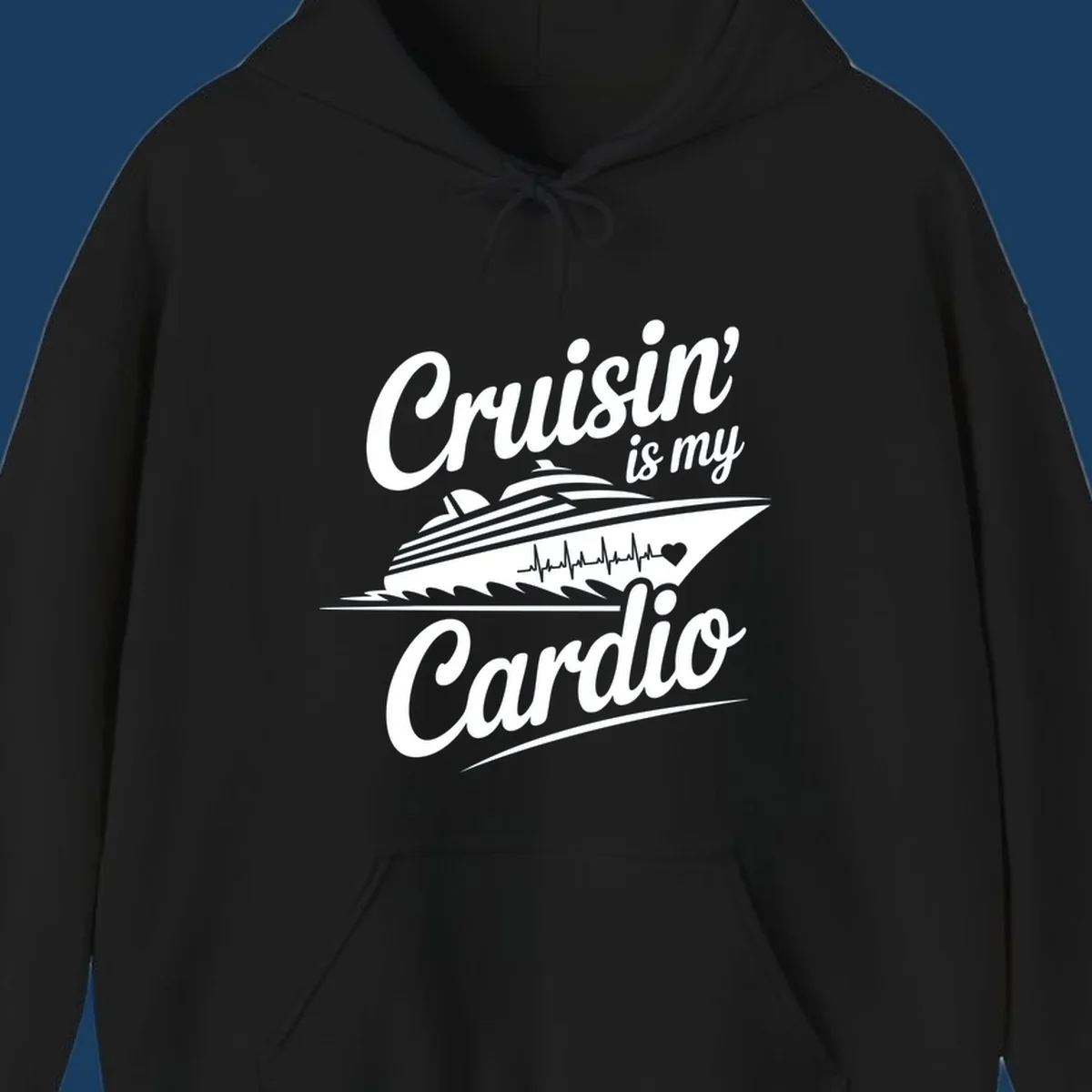 Cruisin is my Cardio text with cruise ship and heartbeat graphic. Cruisin-is-my-cardio