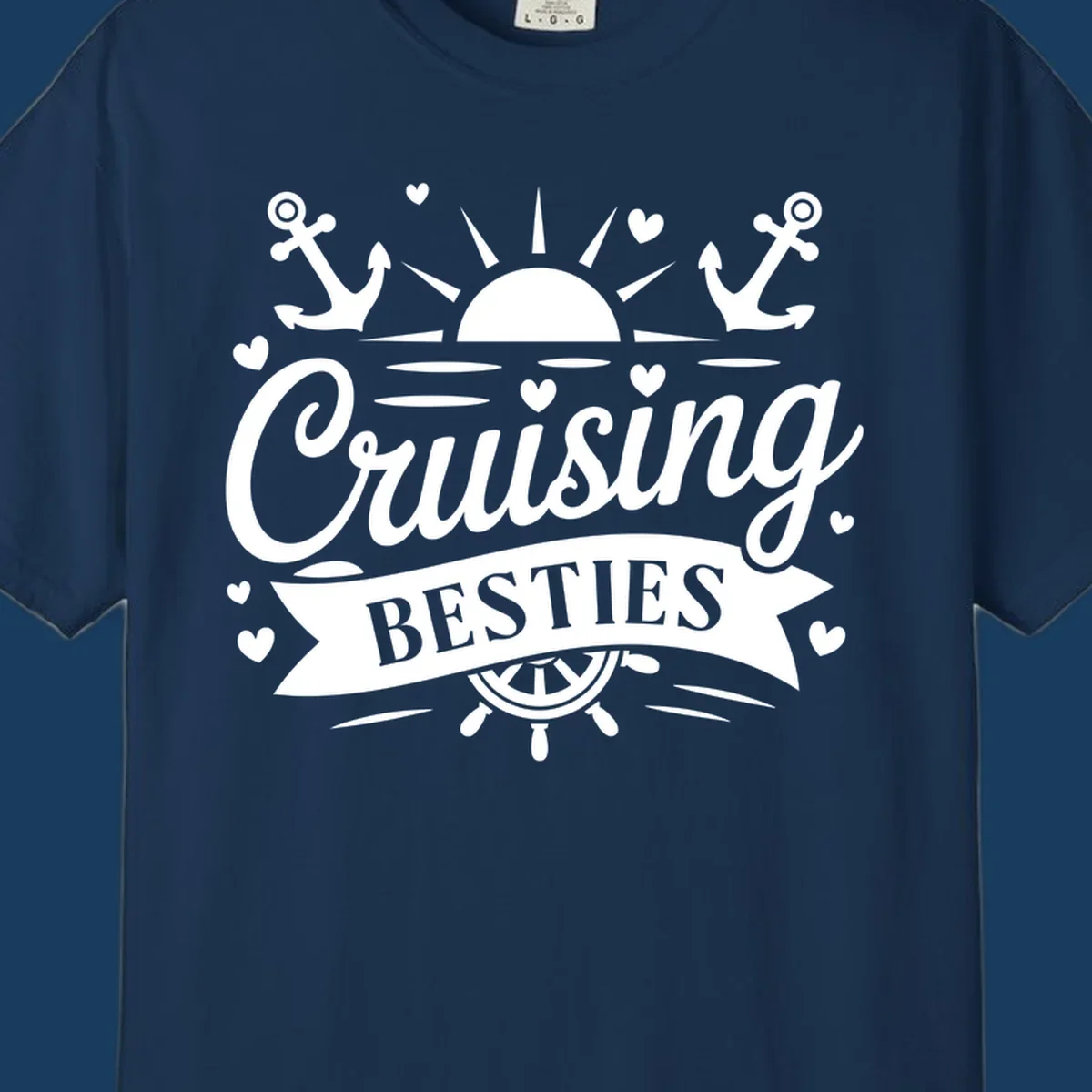 Cruising Besties text with sun, anchors, and ship's wheel for a vacation.