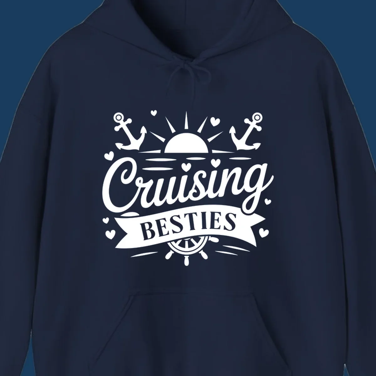Cruising Besties text with sun, anchors, and ship's wheel for a vacation.