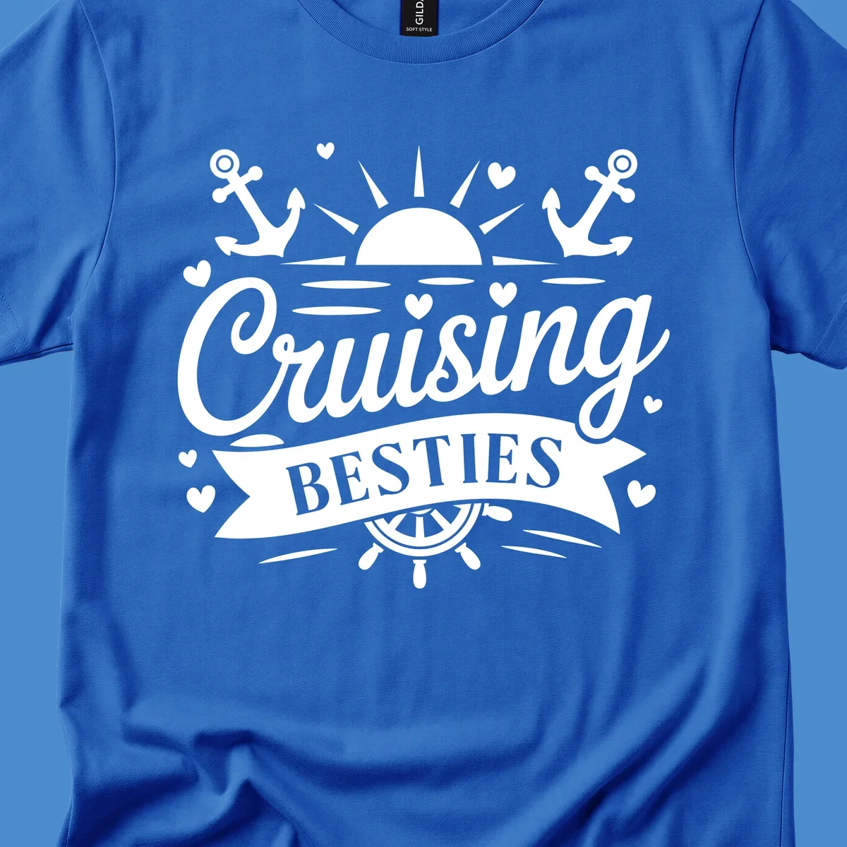 Cruising Besties text with sun, anchors, and ship's wheel for a vacation.