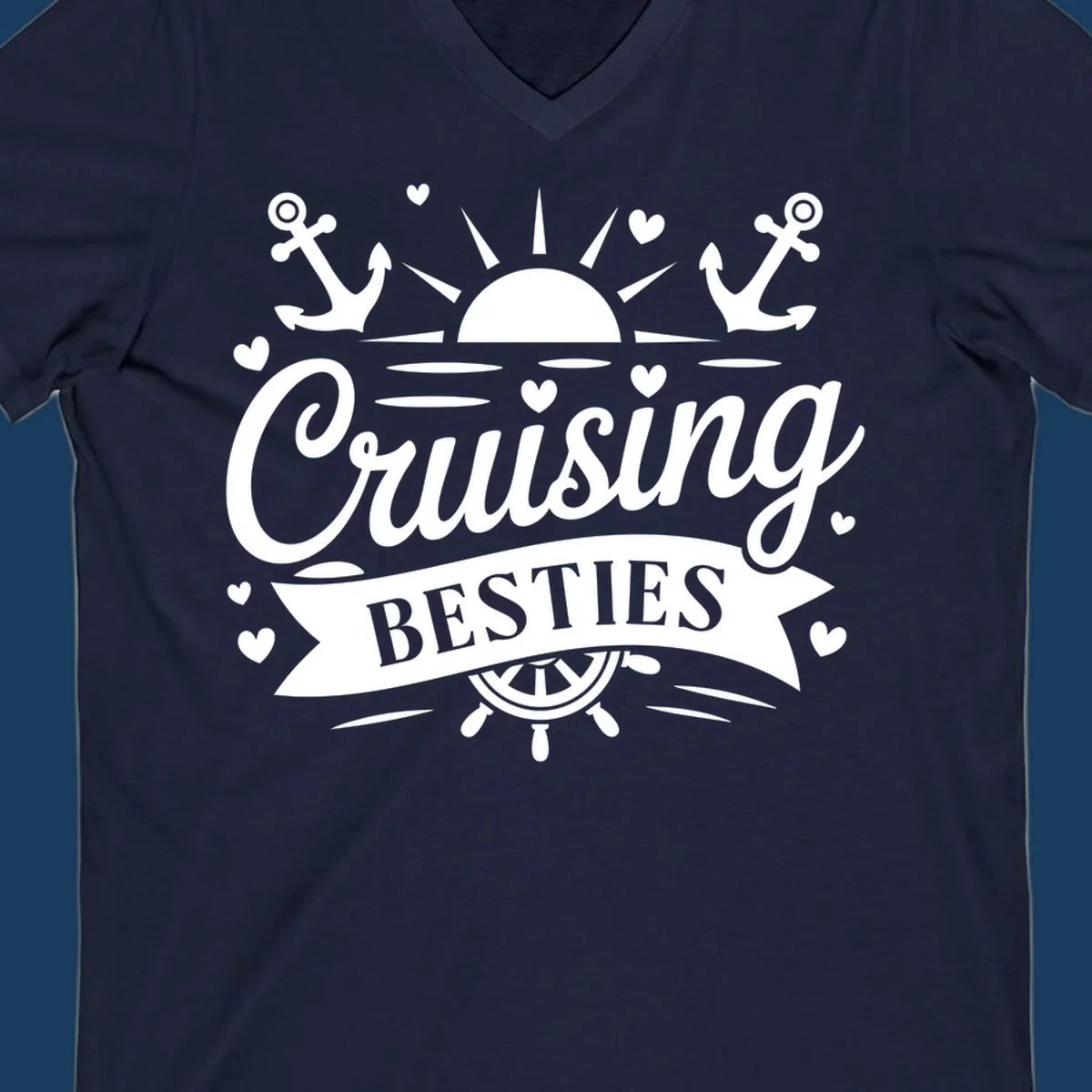 Cruising Besties text with sun, anchors, and ship's wheel for a vacation.