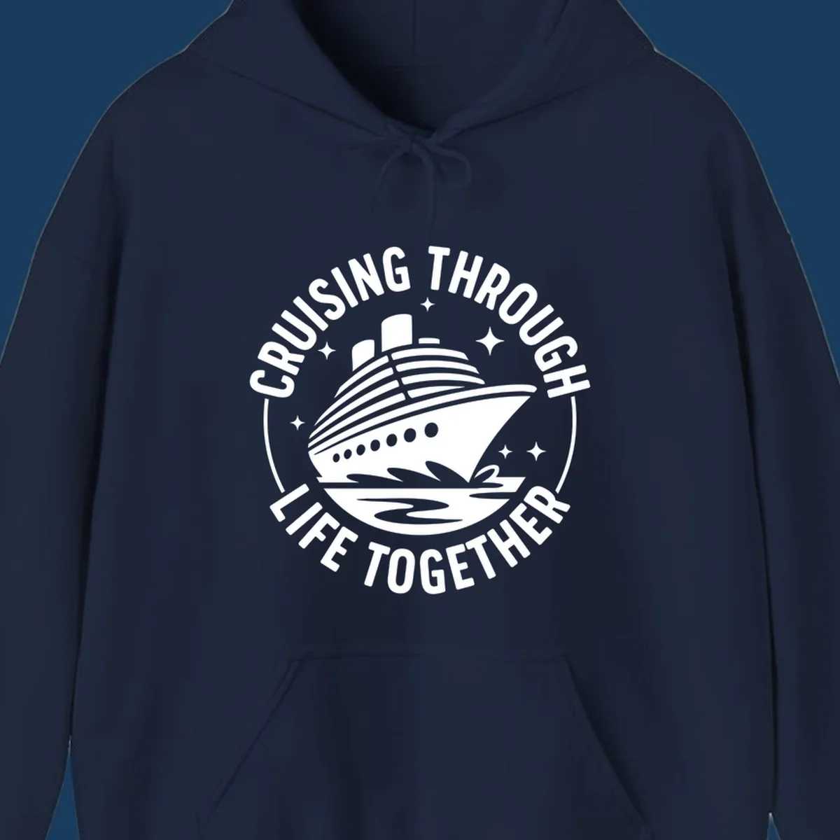 Circular badge design with cruise ship and text 'Cruising Through Life Together' for couples cruise shirts.