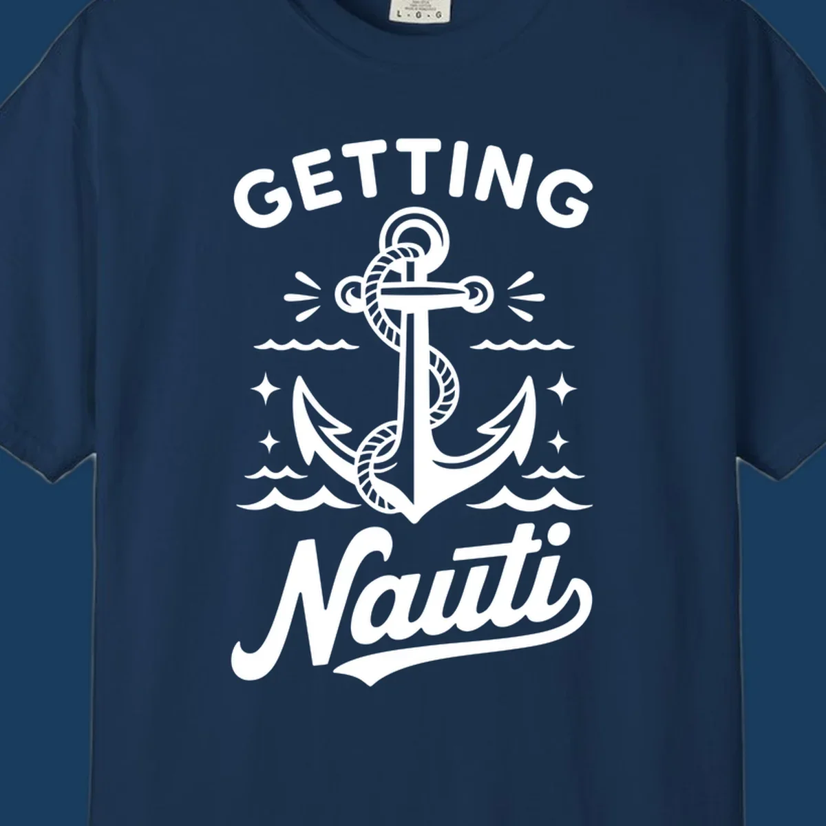 Getting Nauti anchor nautical cruise design with waves and stars.
