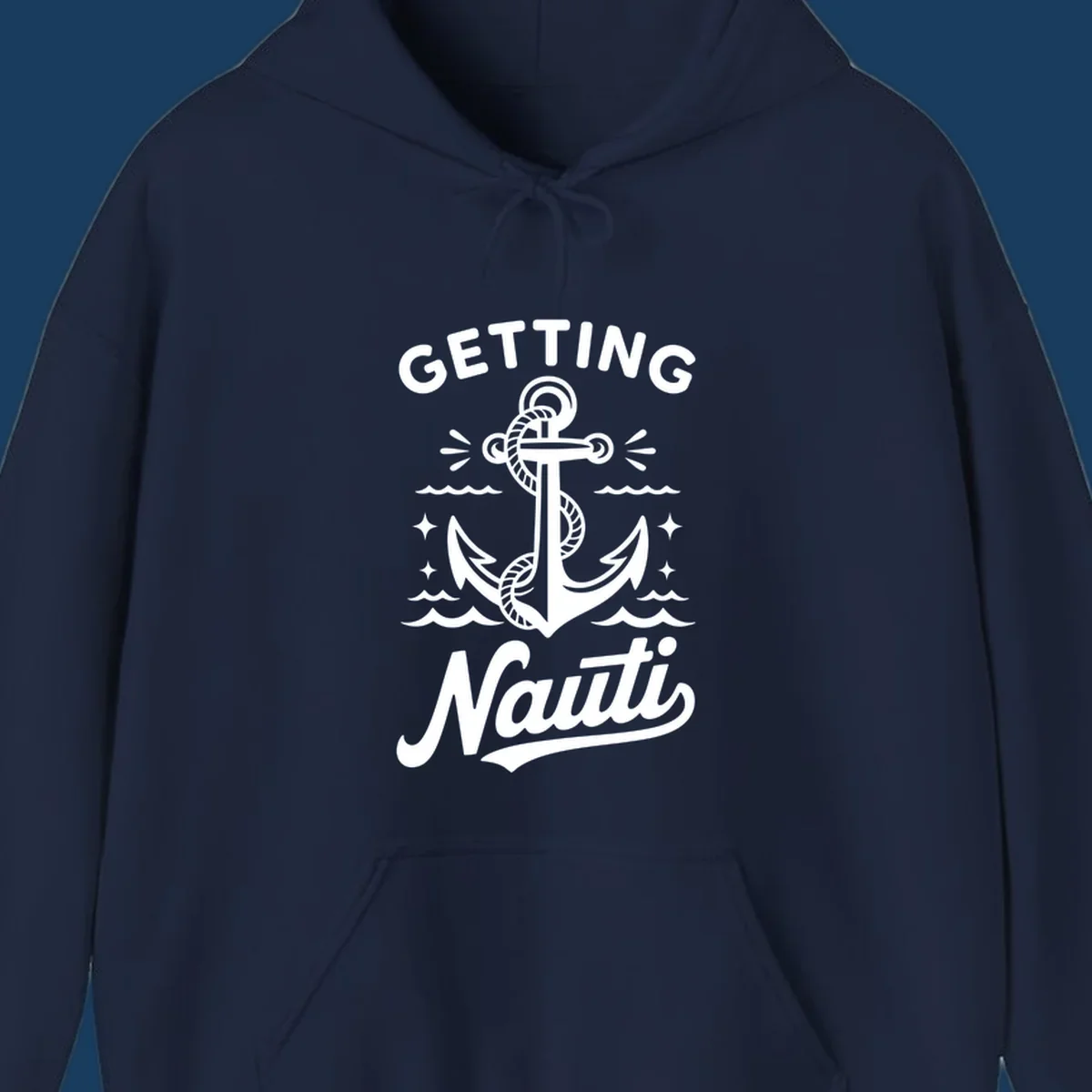 Getting Nauti anchor nautical cruise design with waves and stars.