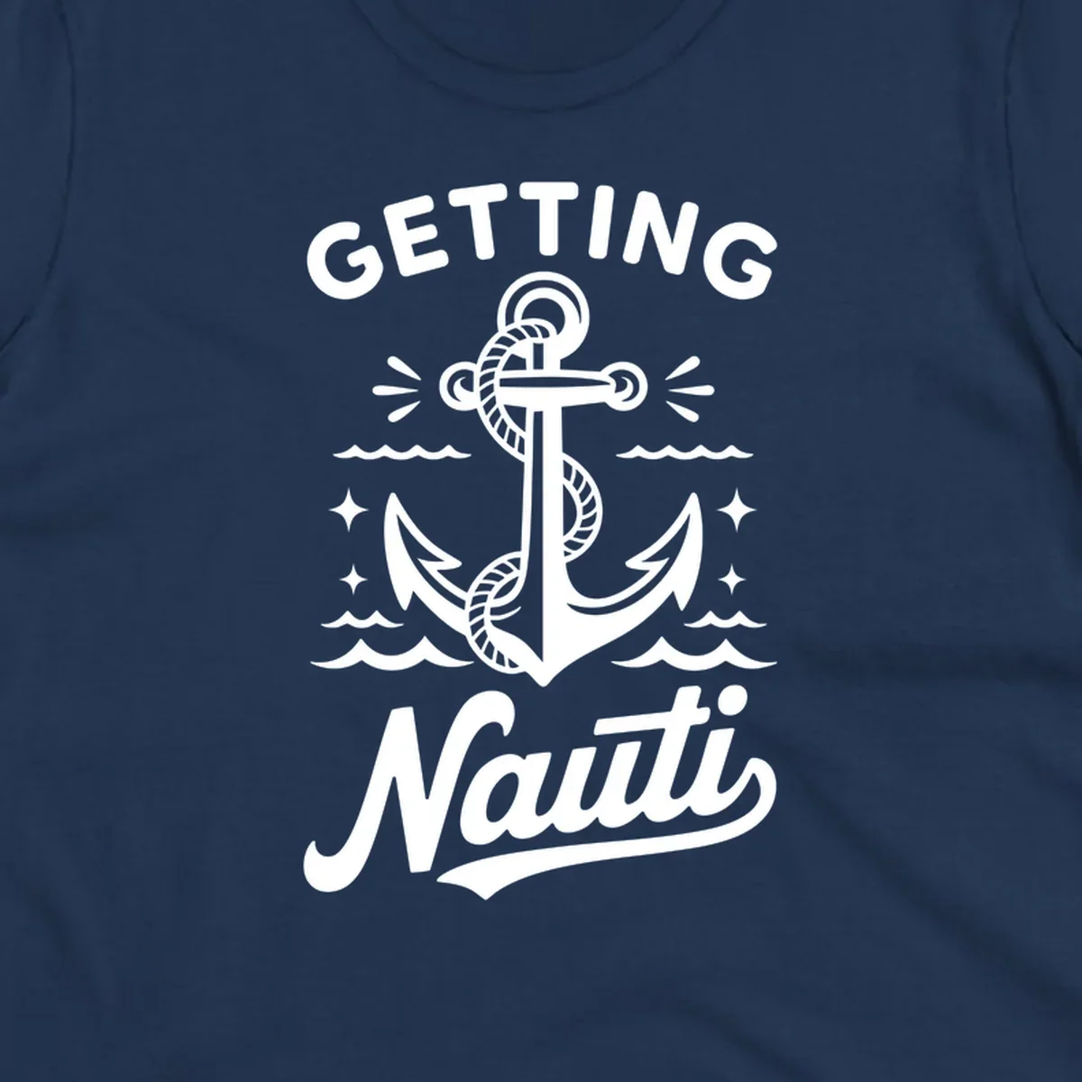 Getting Nauti anchor nautical cruise design with waves and stars.