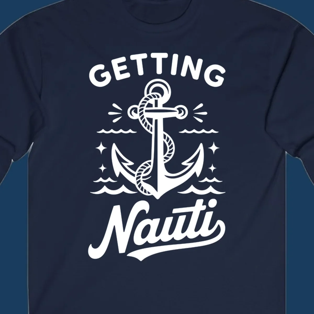Getting Nauti anchor nautical cruise design with waves and stars.