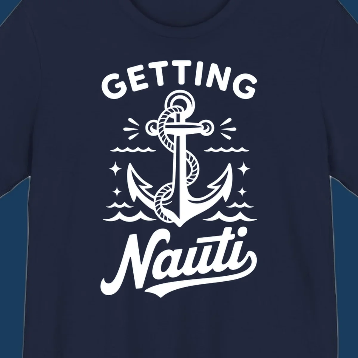 Getting Nauti anchor nautical cruise design with waves and stars.