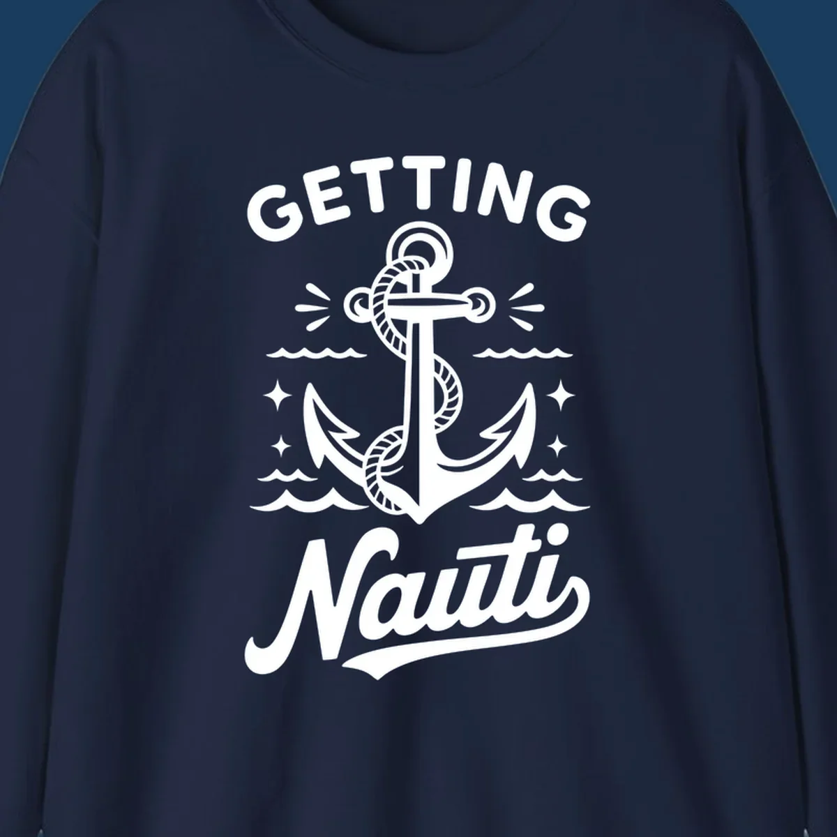 Getting Nauti anchor nautical cruise design with waves and stars.