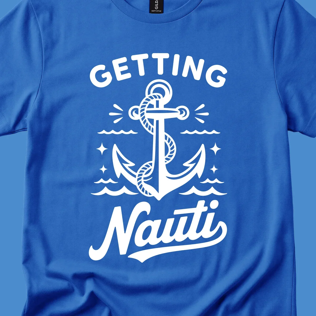 Getting Nauti anchor nautical cruise design with waves and stars.