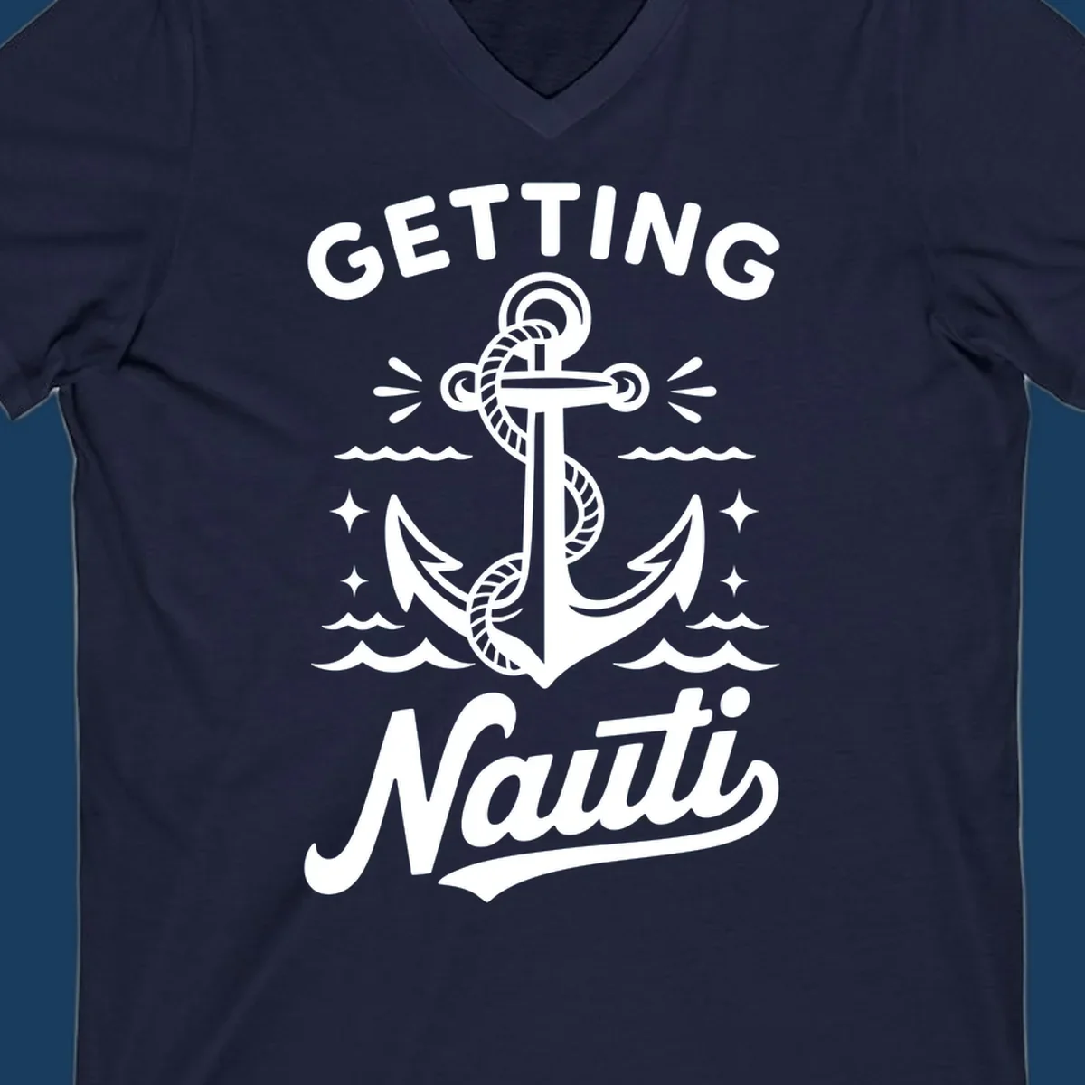 Getting Nauti anchor nautical cruise design with waves and stars.