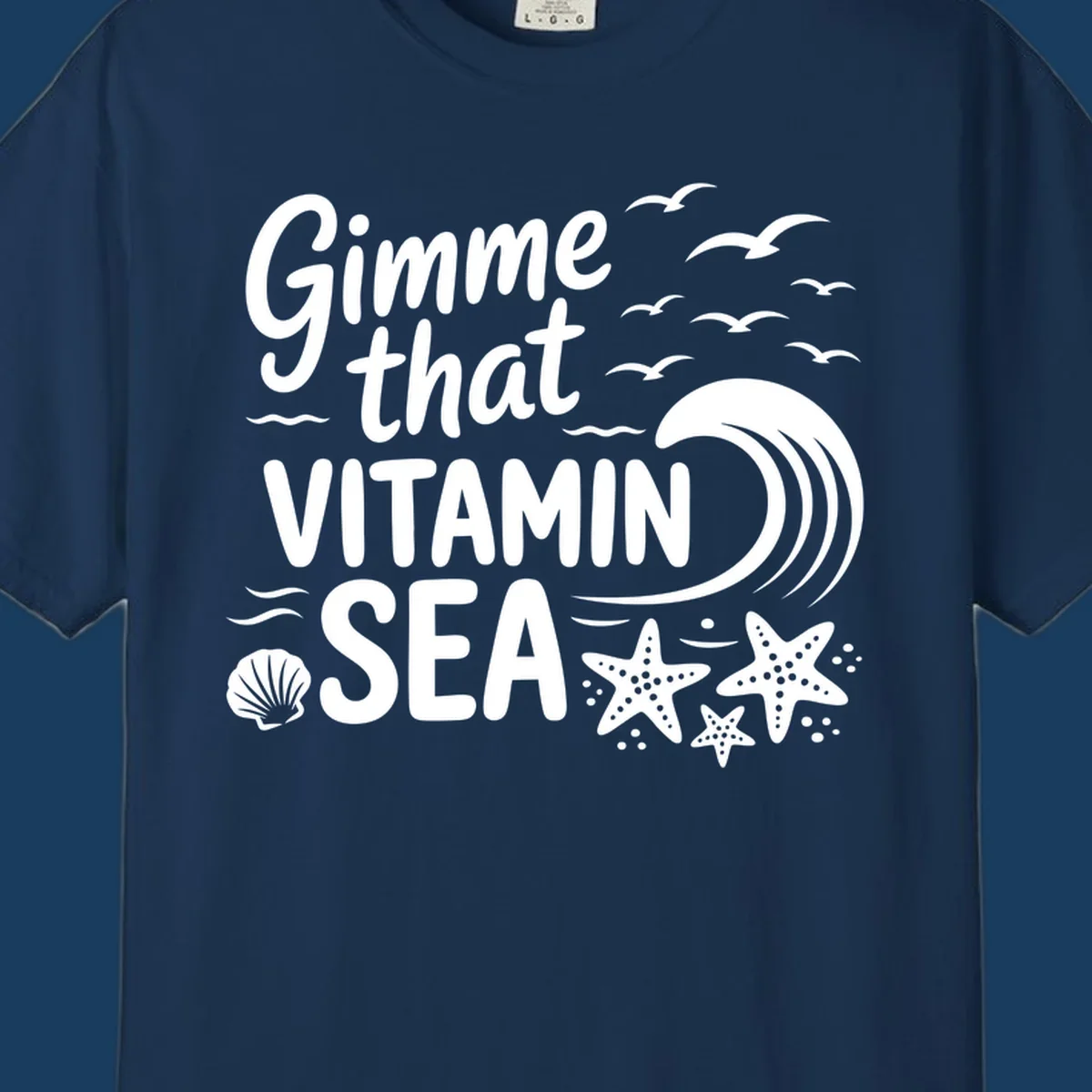Gimme that Vitamin Sea text with seagulls, wave, starfish, and seashell graphic.