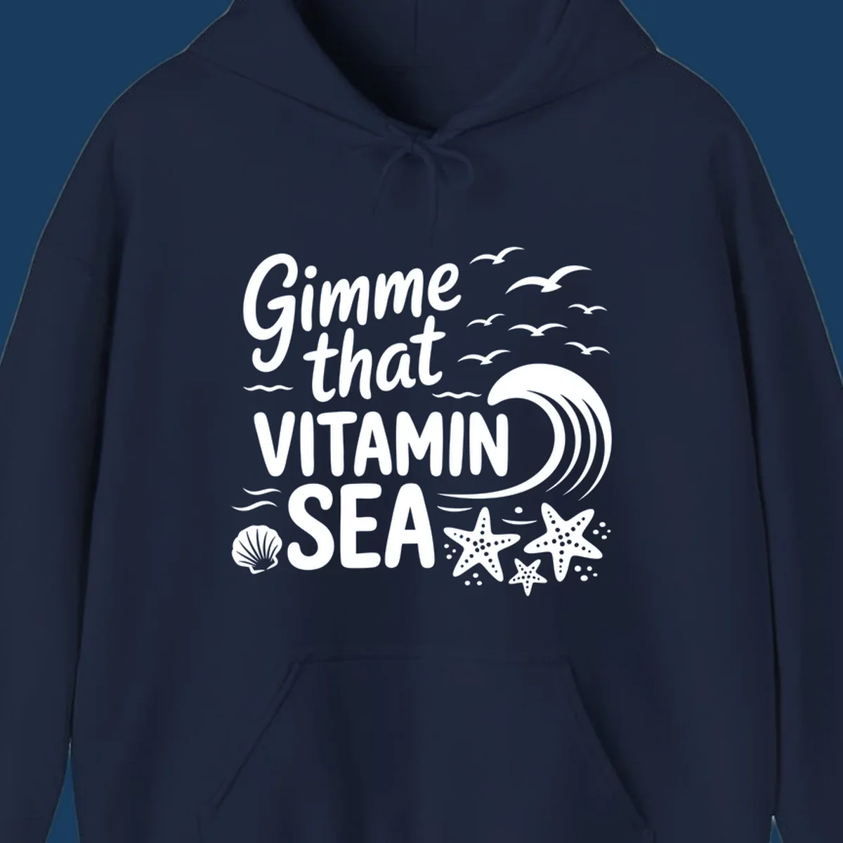Gimme that Vitamin Sea text with seagulls, wave, starfish, and seashell graphic.