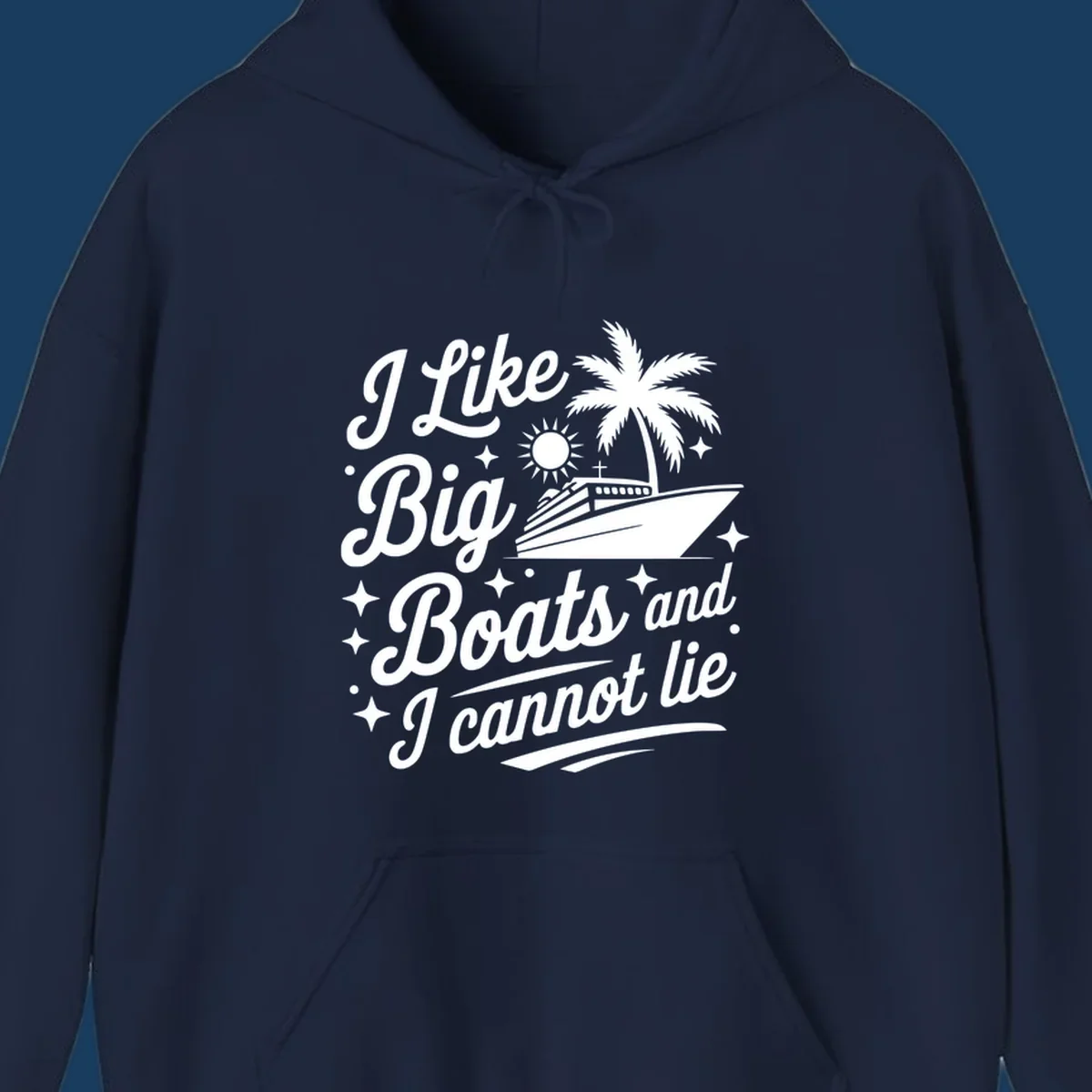 Text and illustration of a cruise ship with palm tree, saying "I Like Big Boats and I Cannot Lie".