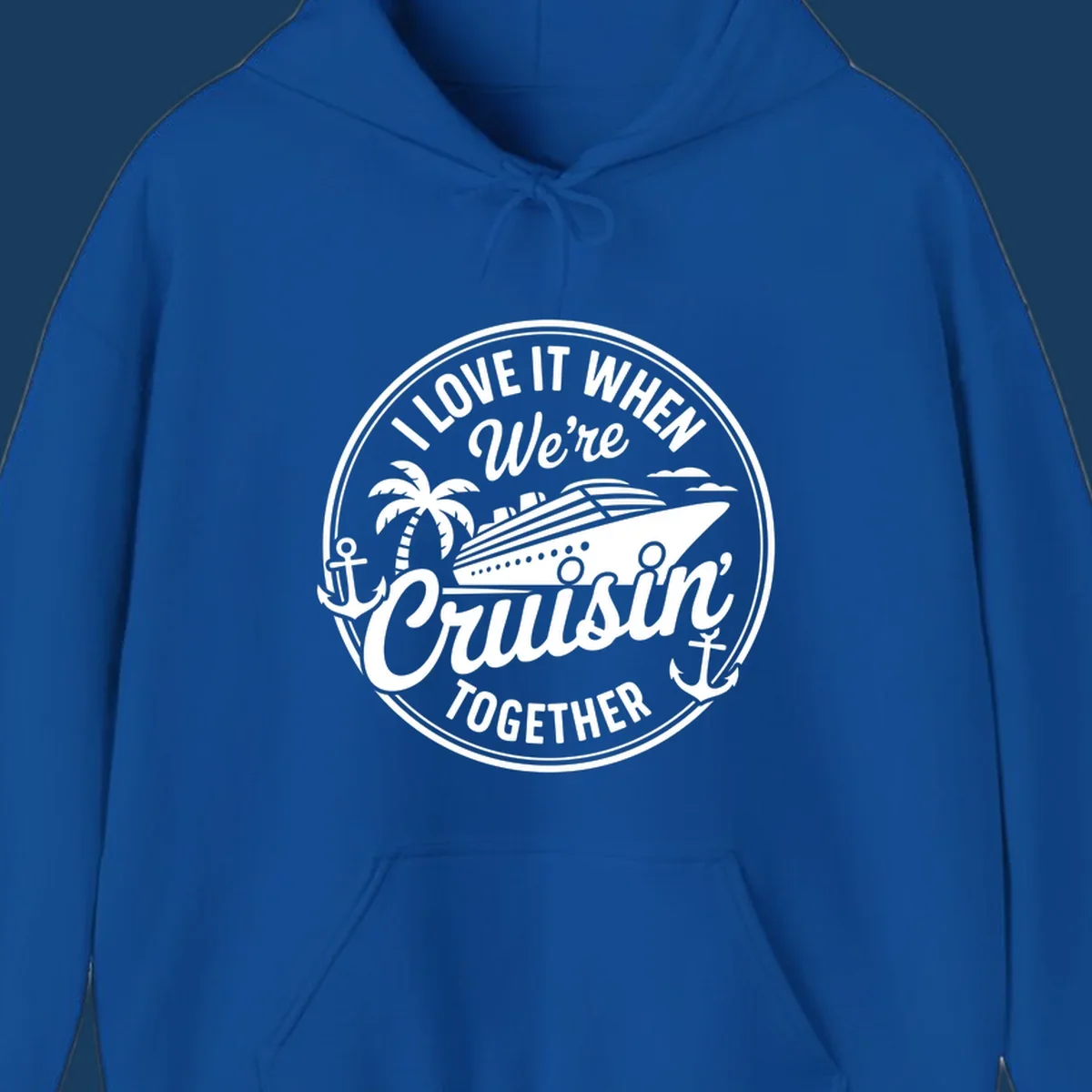Circular badge design with cruise ship and text 'I LOVE IT WHEN We're Cruisin TOGETHER', featuring palm tree and anchors. Cruisin-together-cruise.