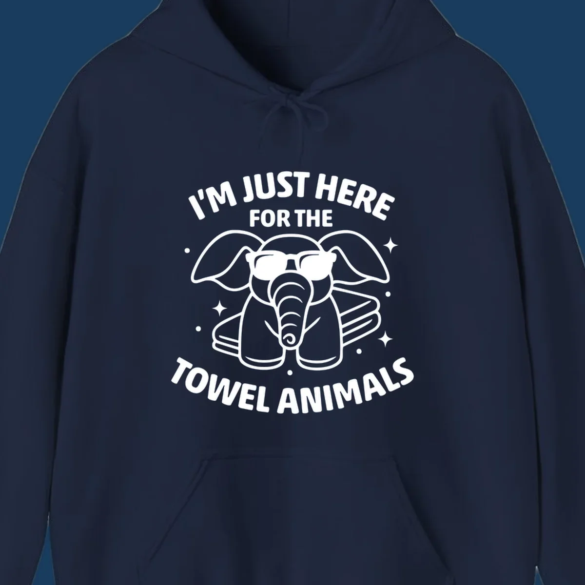 Illustration of a towel elephant wearing sunglasses with text 'I'm Just Here For The Towel Animals'.