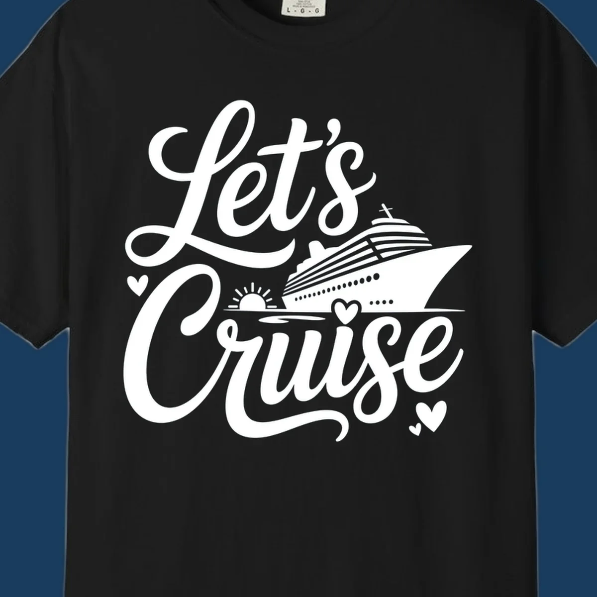 Lets Cruise ship design with sun and hearts on water.