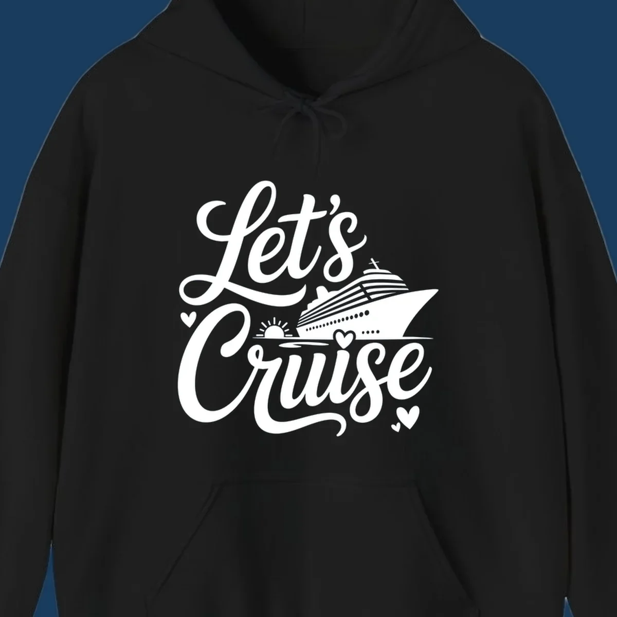 Lets Cruise ship design with sun and hearts on water.