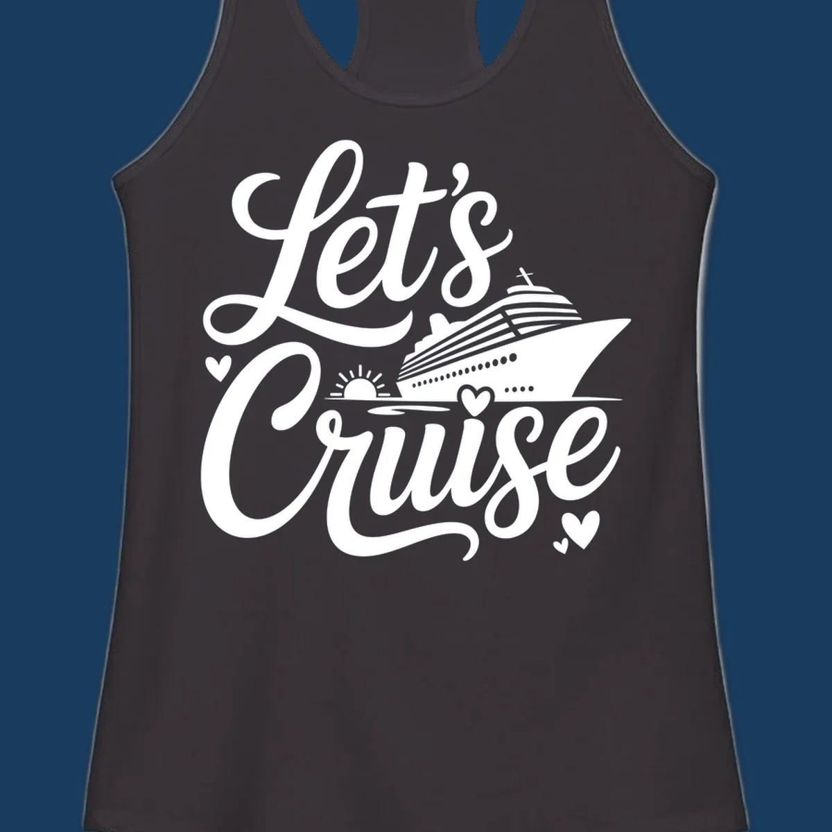 Lets Cruise ship design with sun and hearts on water.