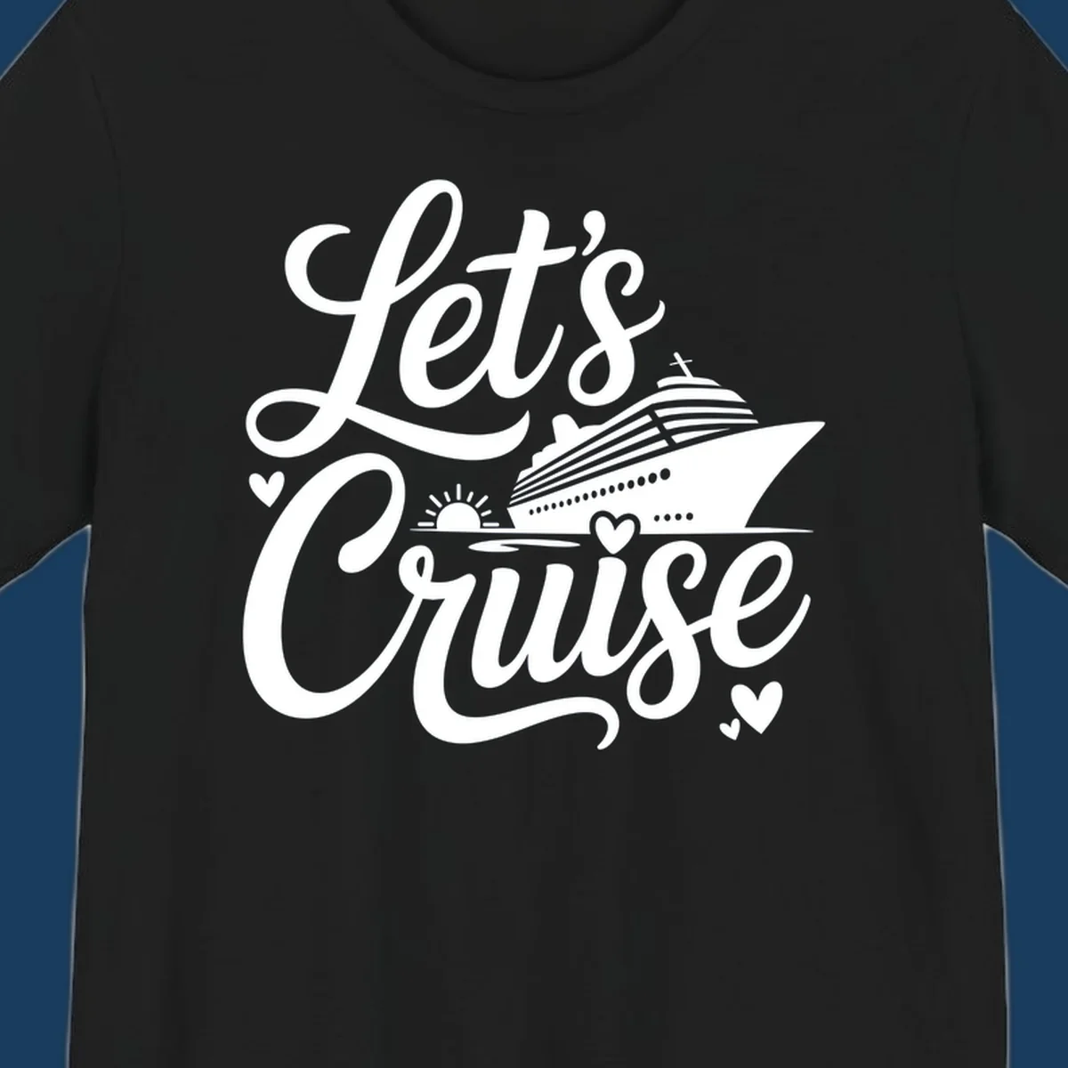 Lets Cruise ship design with sun and hearts on water.