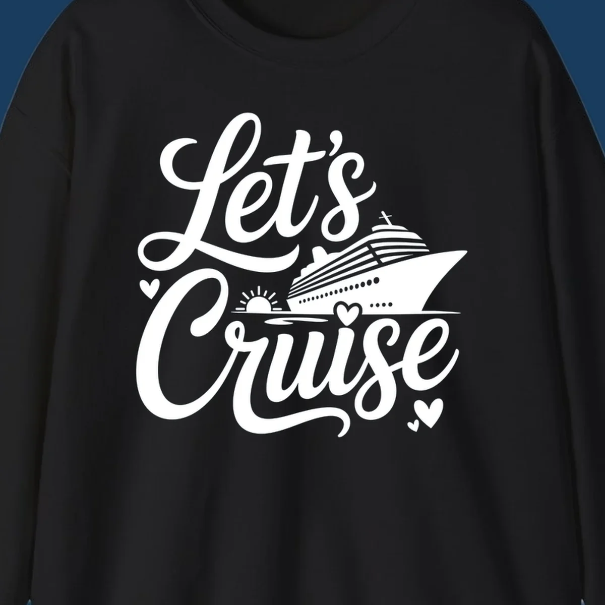 Lets Cruise ship design with sun and hearts on water.