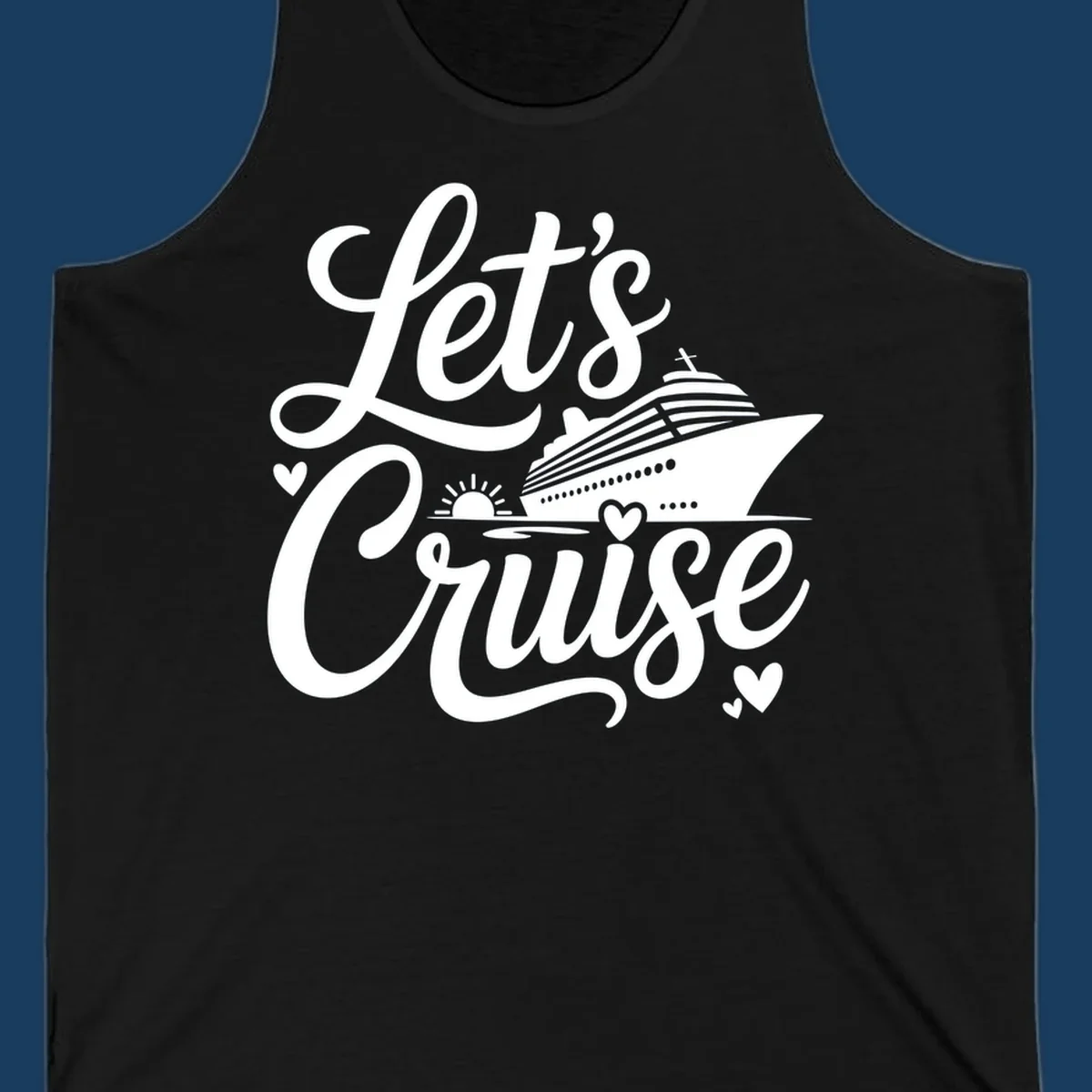 Lets Cruise ship design with sun and hearts on water.
