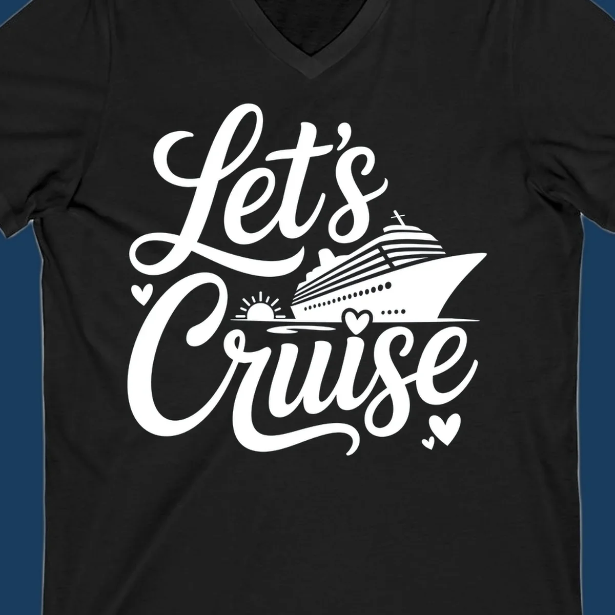 Lets Cruise ship design with sun and hearts on water.