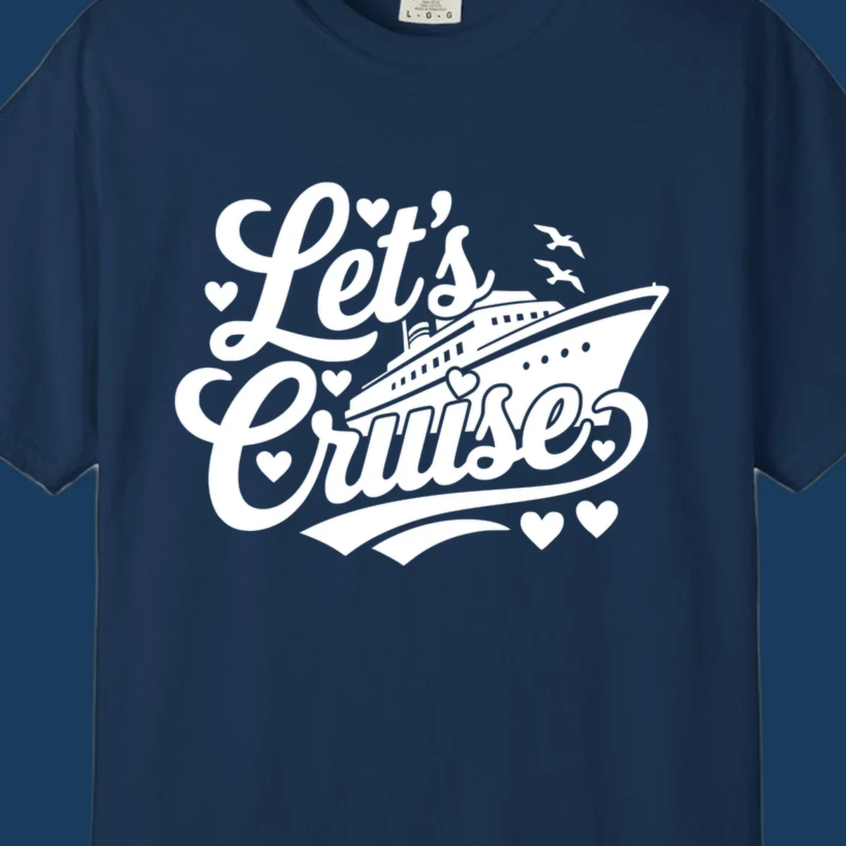Lets cruise ship with hearts and seagulls illustration for vacation