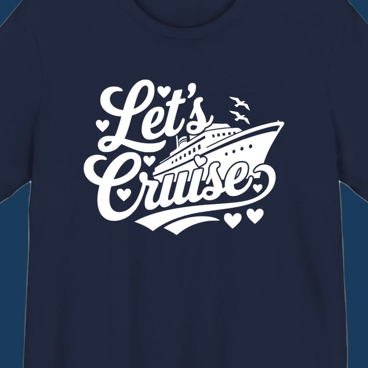Lets cruise ship with hearts and seagulls illustration for vacation
