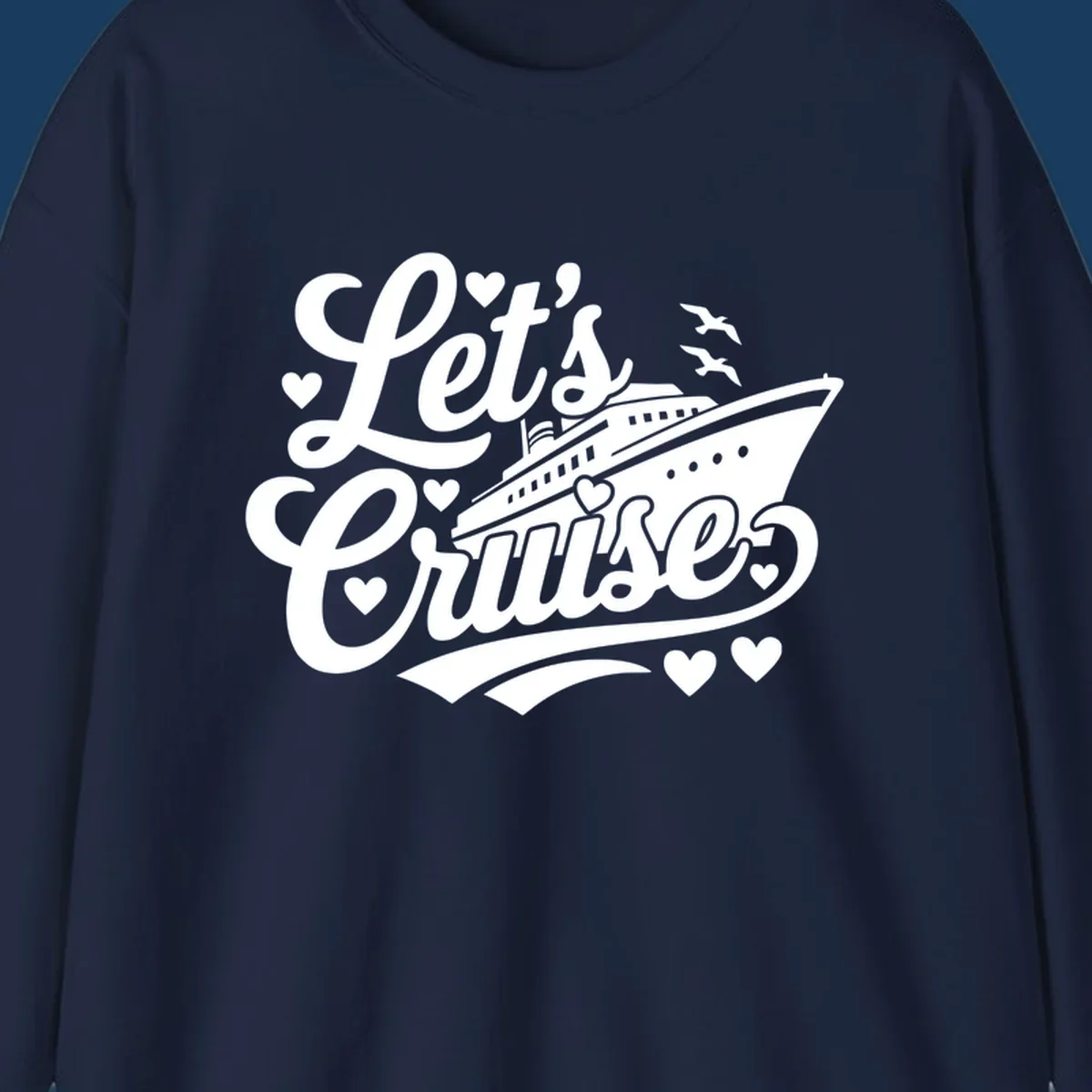 Lets cruise ship with hearts and seagulls illustration for vacation