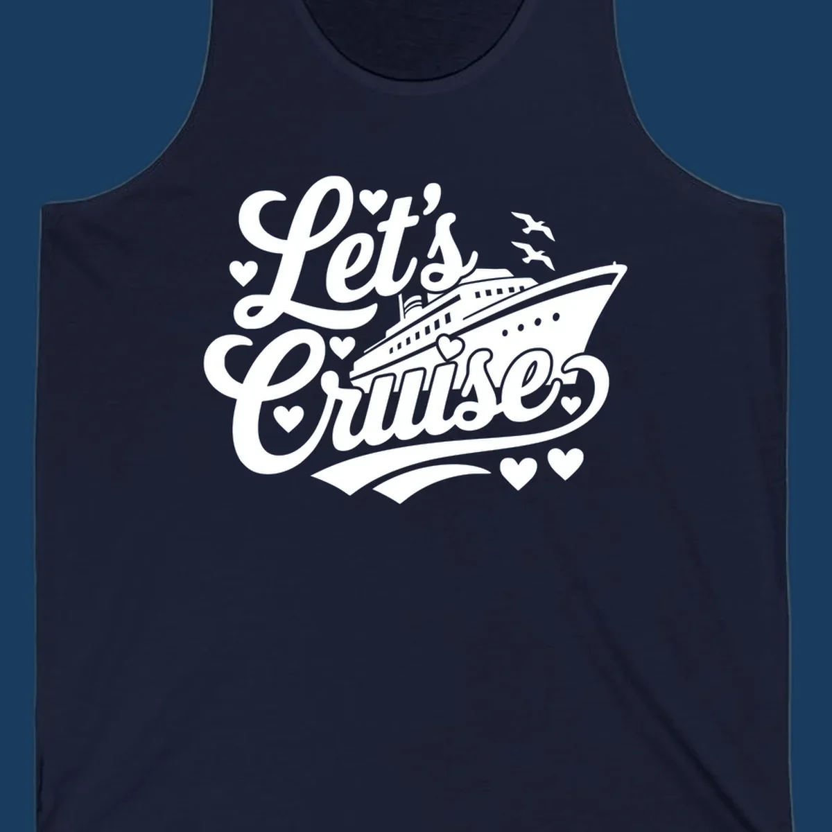 Lets cruise ship with hearts and seagulls illustration for vacation