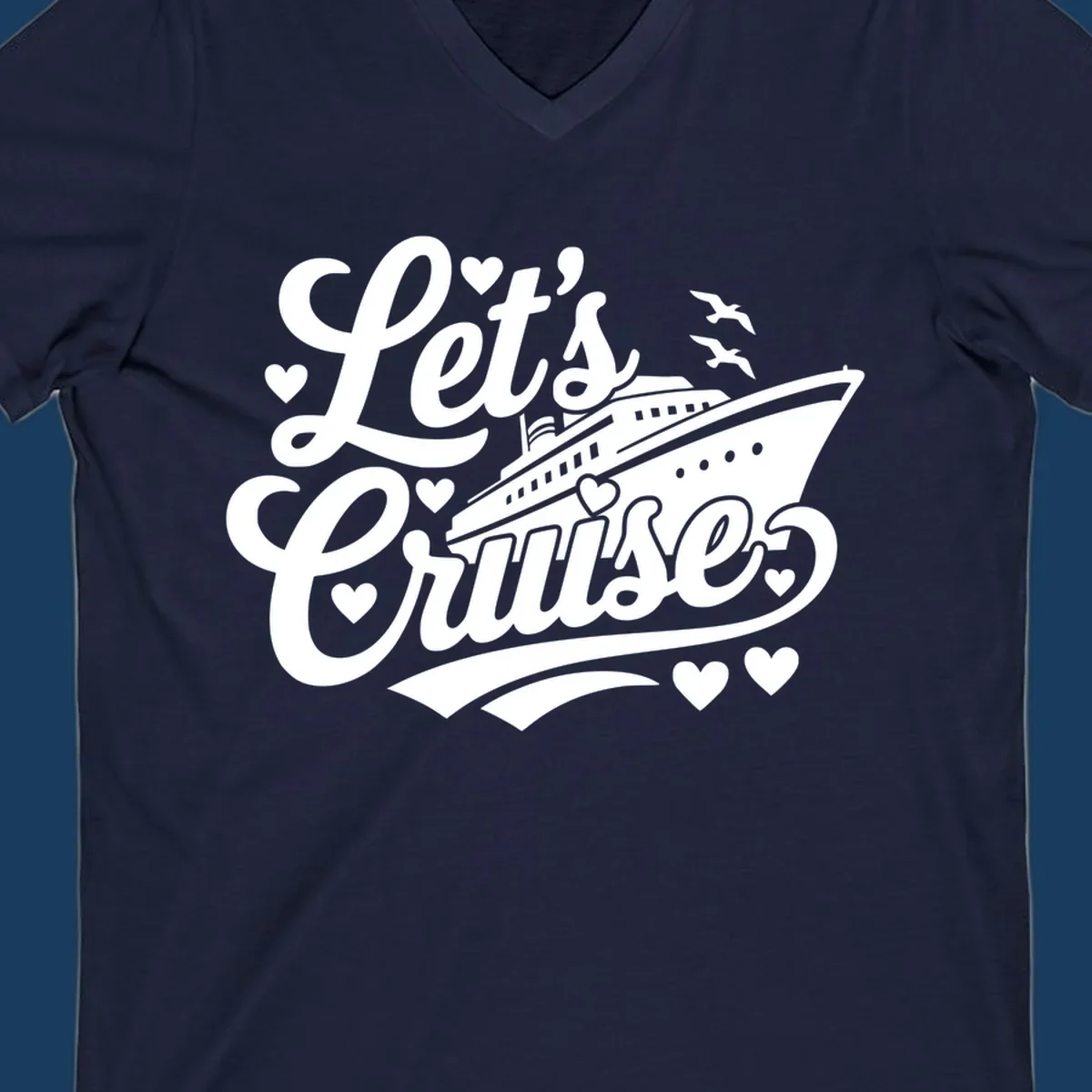 Lets cruise ship with hearts and seagulls illustration for vacation