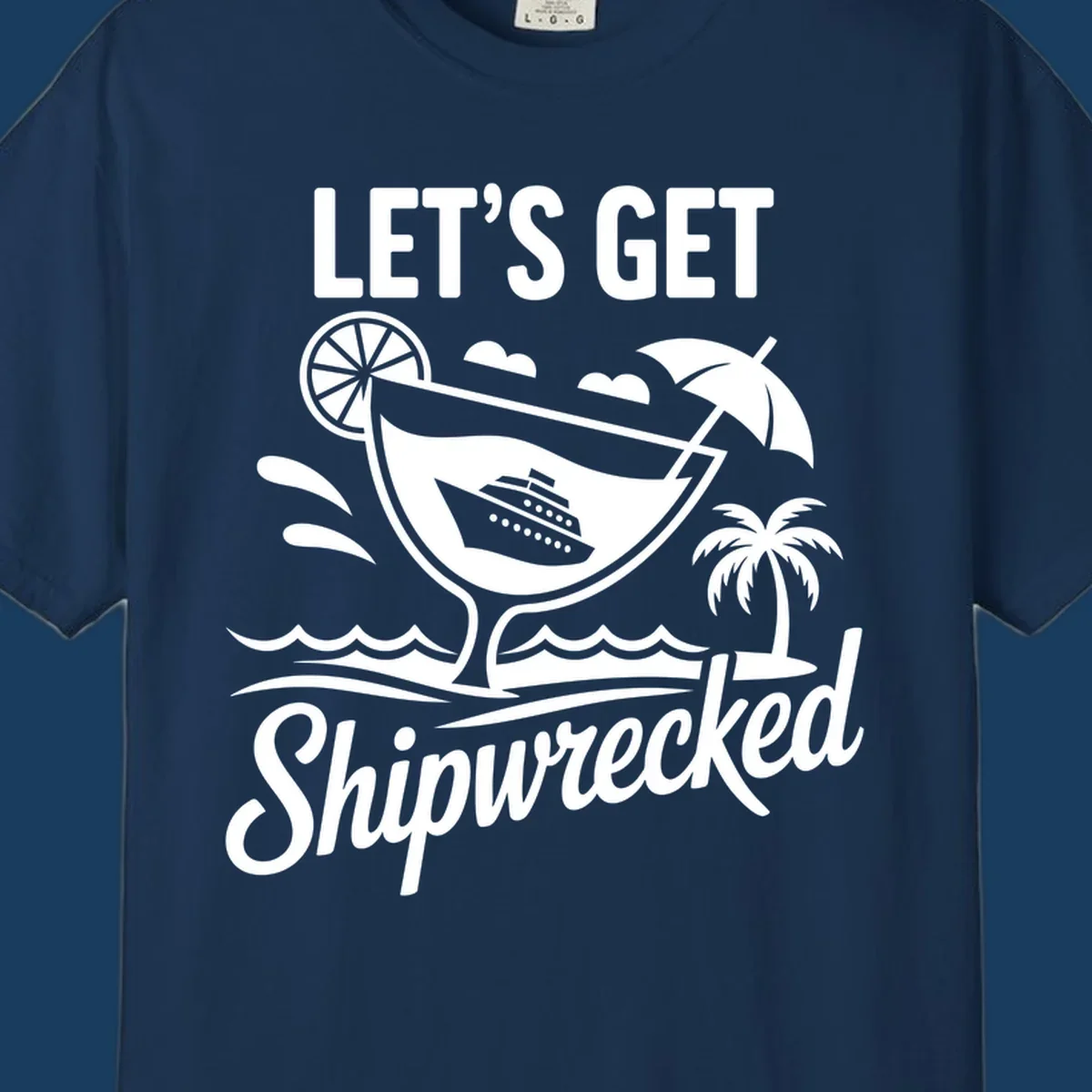 Illustration of 'Let's Get Shipwrecked' cruise party design with cocktail and ship.