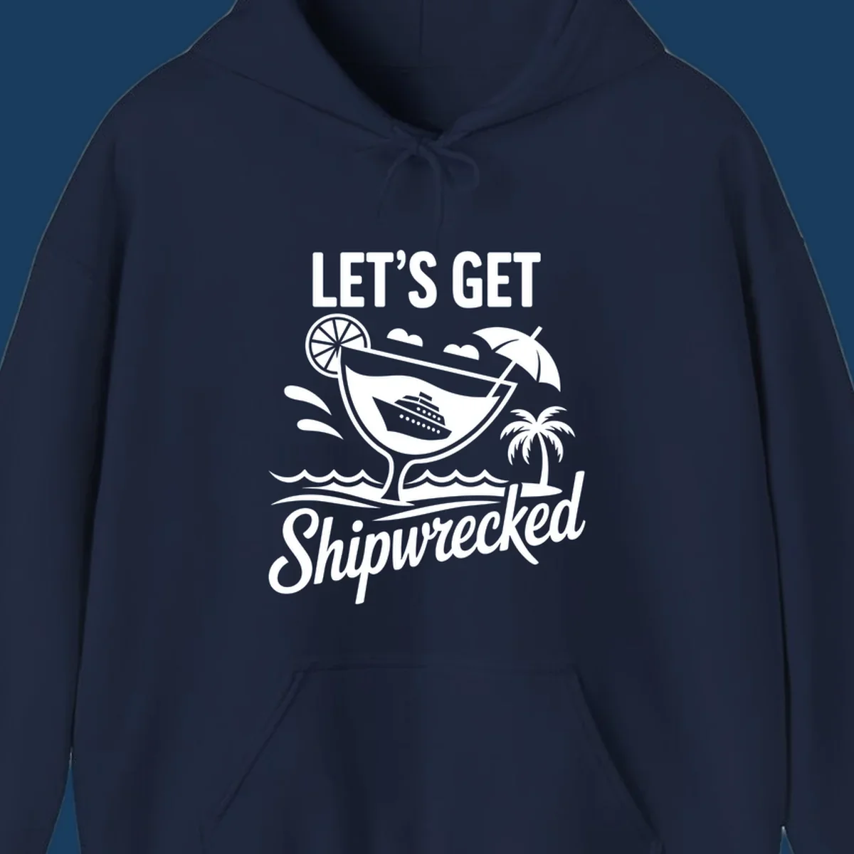 Illustration of 'Let's Get Shipwrecked' cruise party design with cocktail and ship.