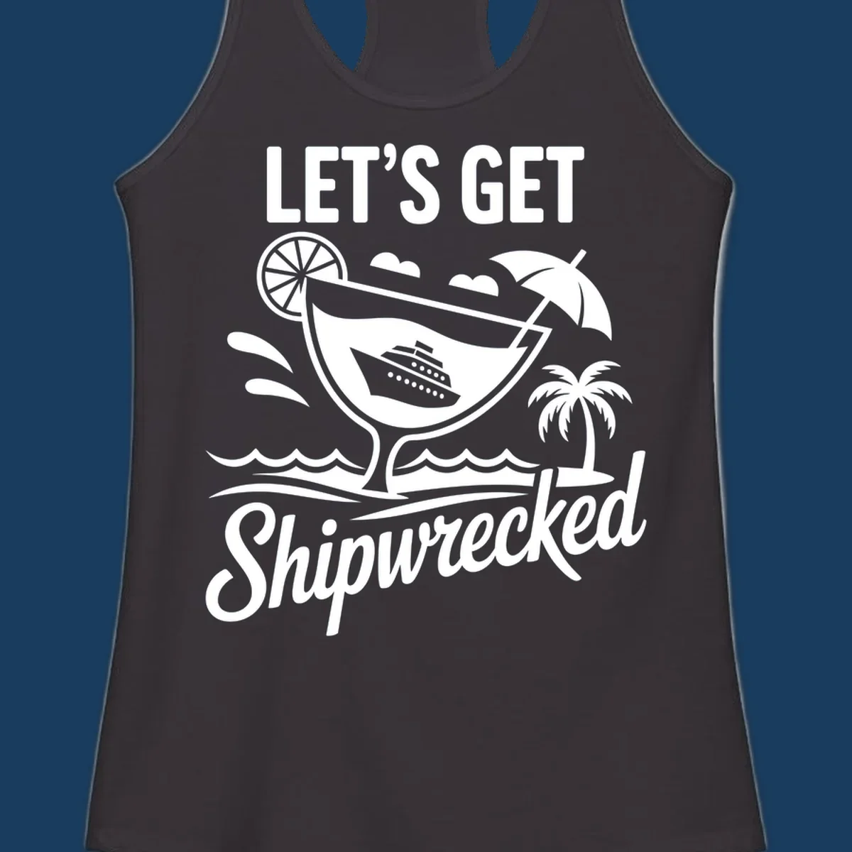 Illustration of 'Let's Get Shipwrecked' cruise party design with cocktail and ship.