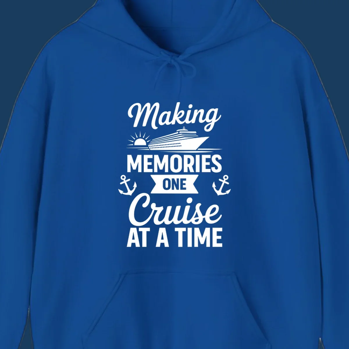 Making memories one cruise at a time text and graphics including cruise ship and anchors.