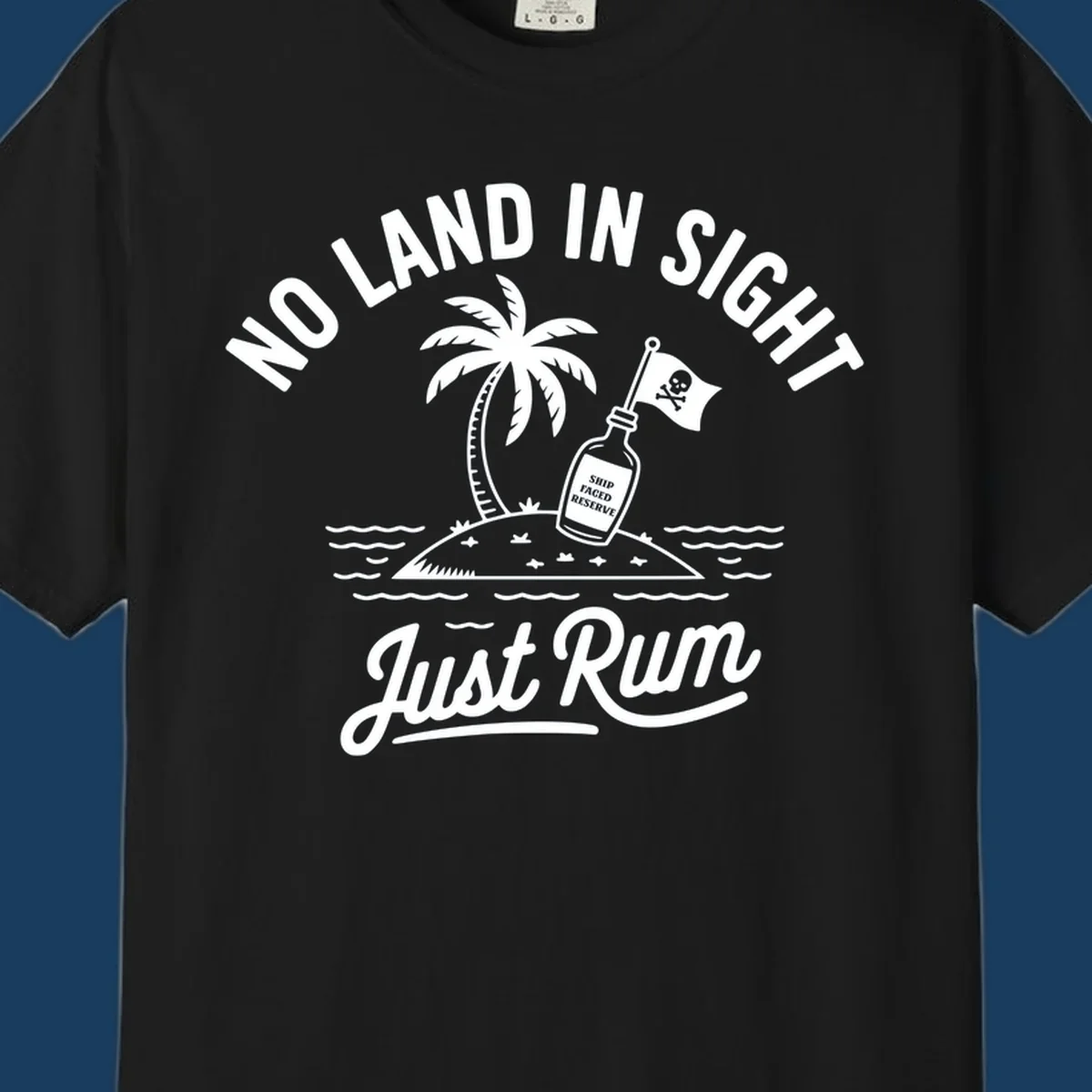 No land in sight just rum design with pirate flag and rum bottle on island.