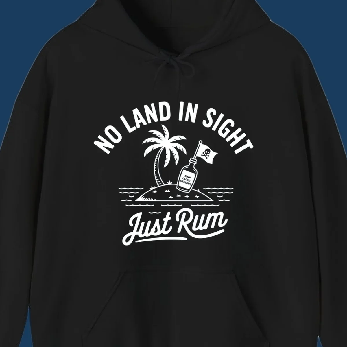 No land in sight just rum design with pirate flag and rum bottle on island.