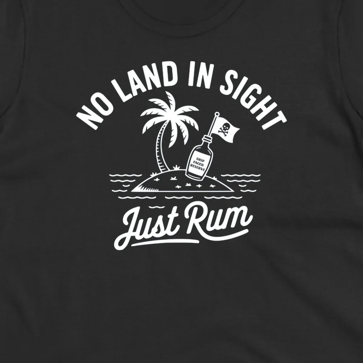 No land in sight just rum design with pirate flag and rum bottle on island.