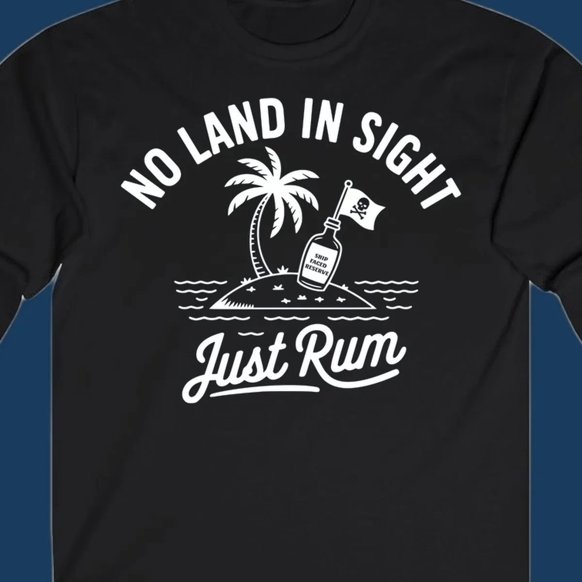 No land in sight just rum design with pirate flag and rum bottle on island.