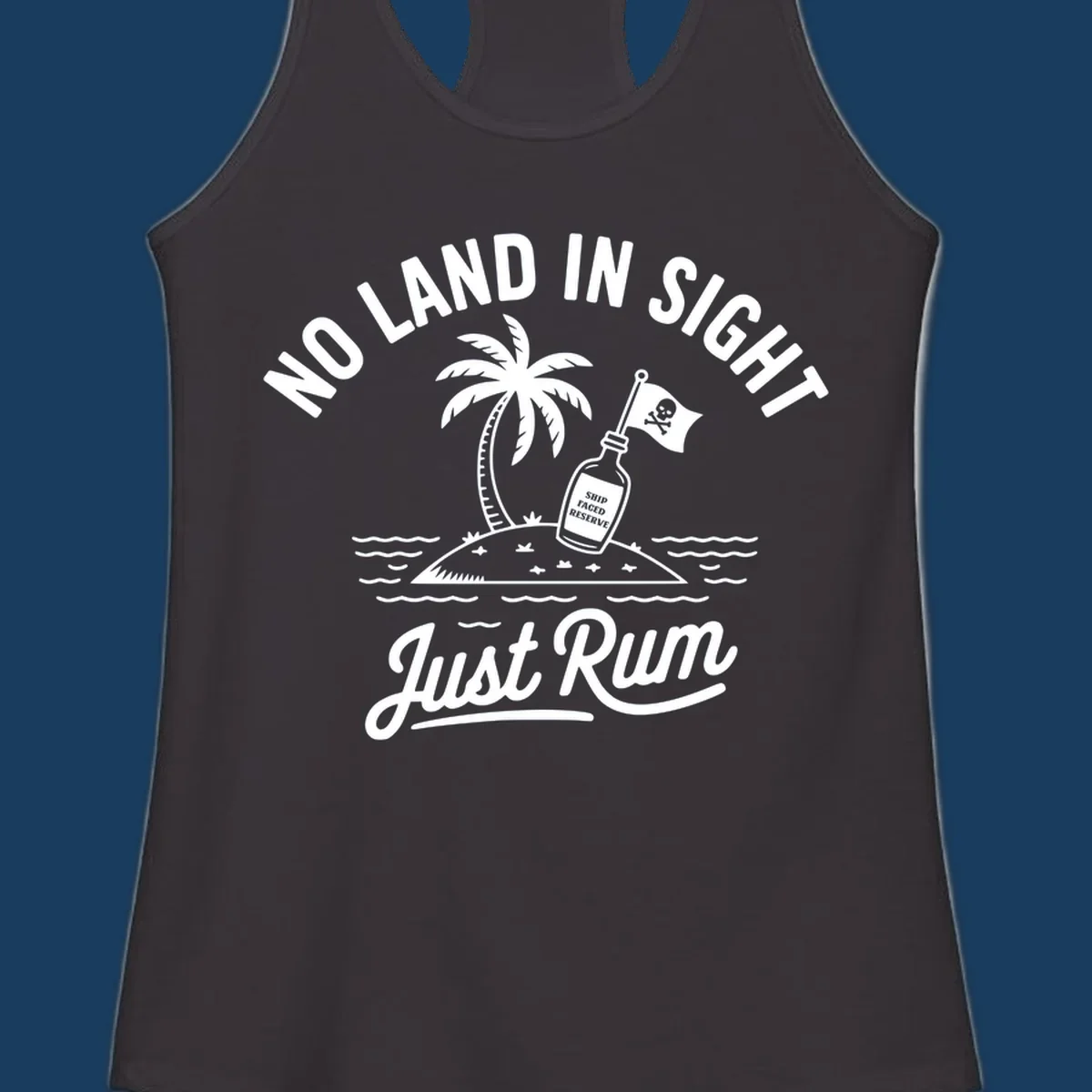 No land in sight just rum design with pirate flag and rum bottle on island.