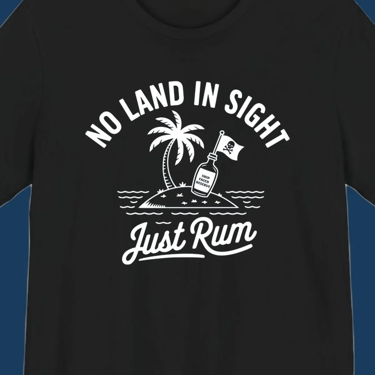 No land in sight just rum design with pirate flag and rum bottle on island.