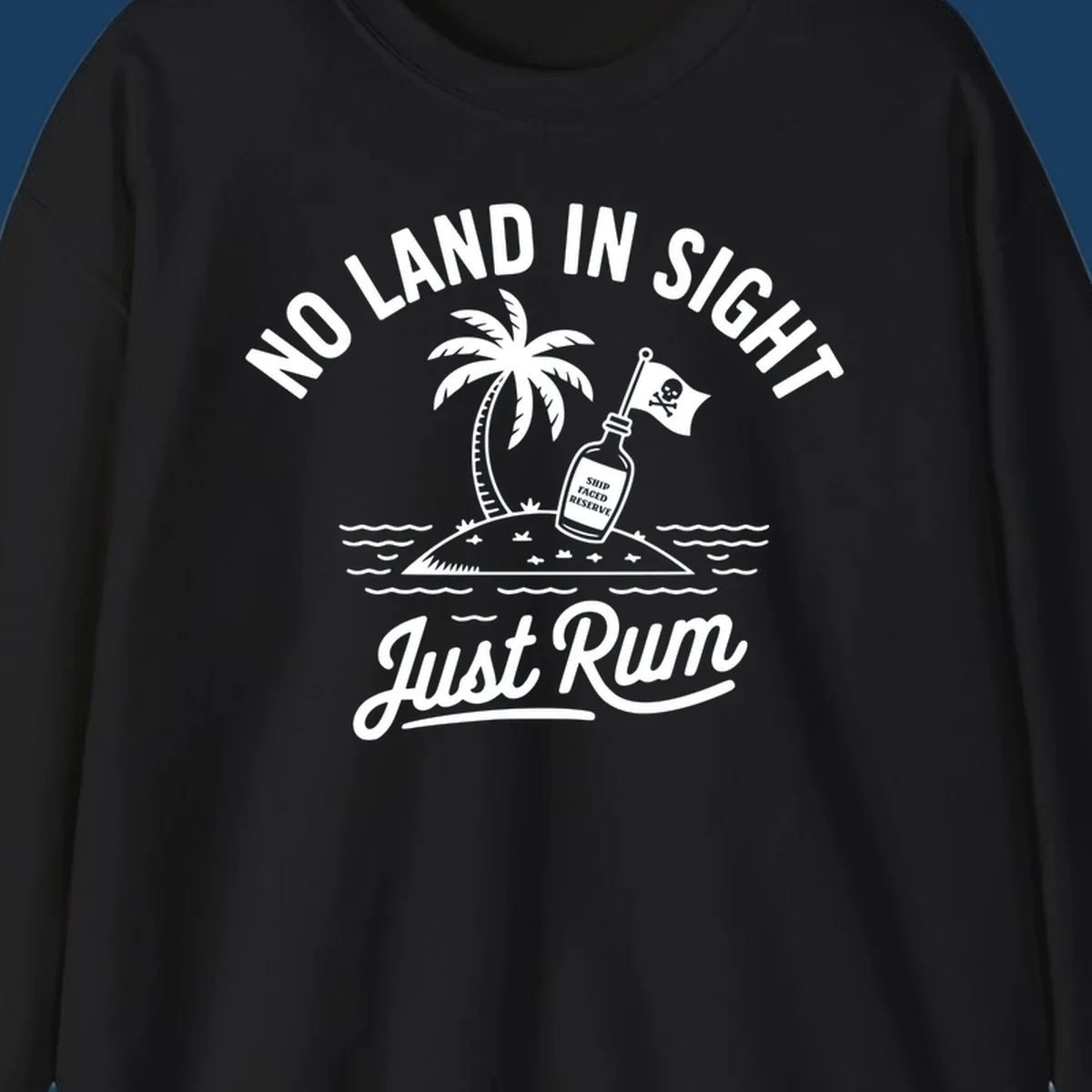 No land in sight just rum design with pirate flag and rum bottle on island.