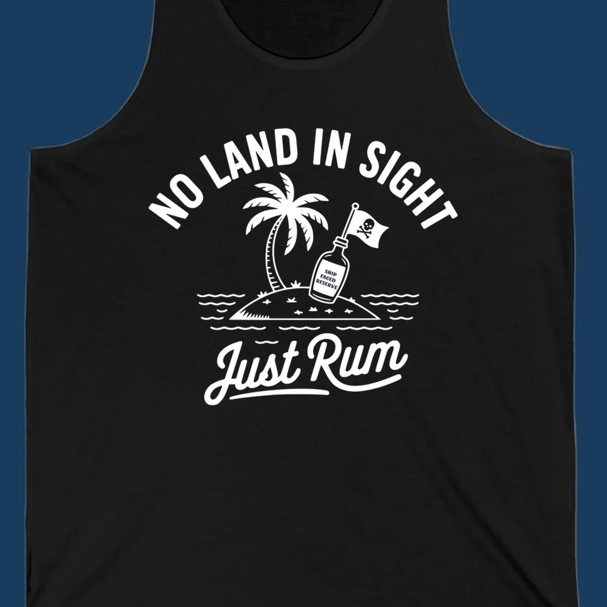 No land in sight just rum design with pirate flag and rum bottle on island.