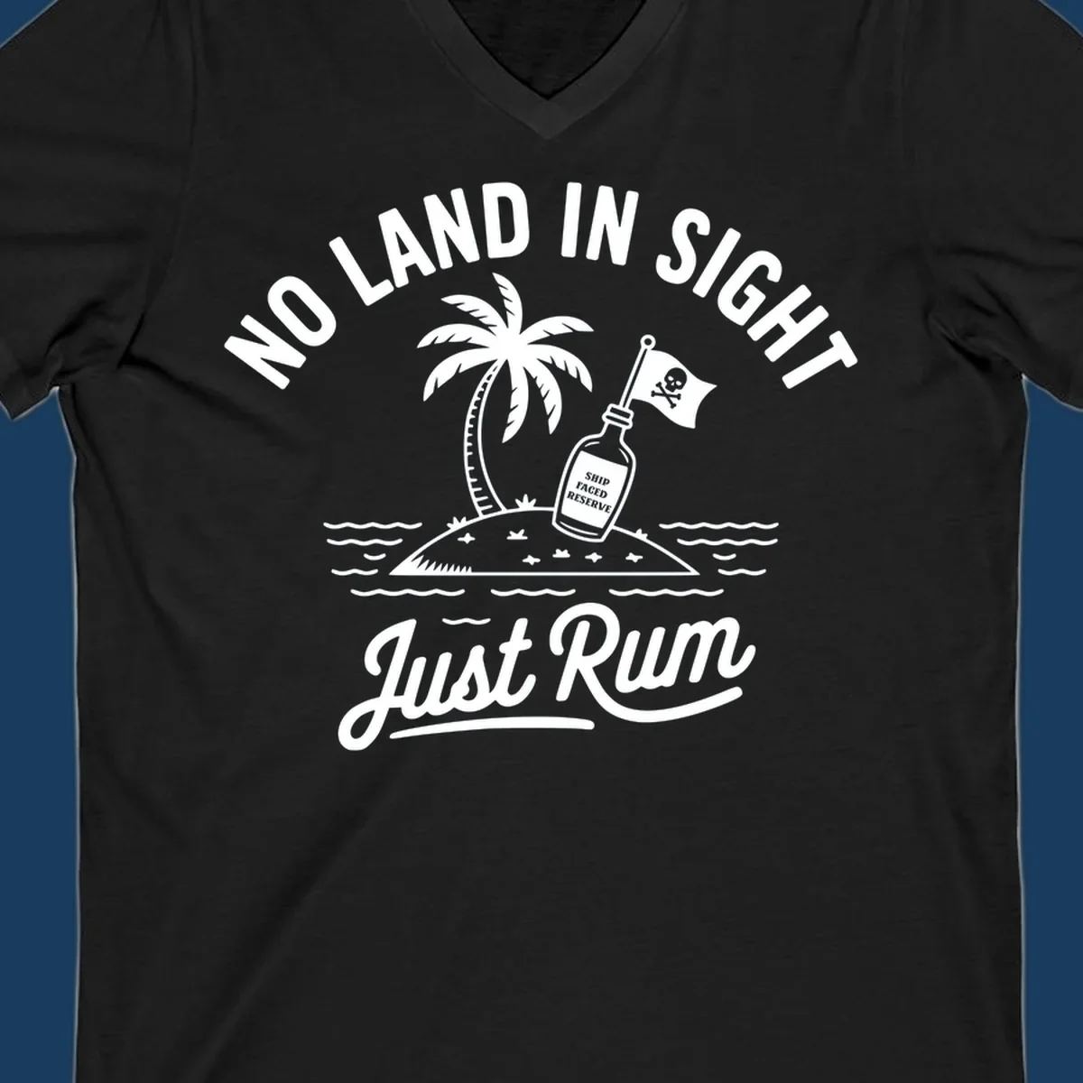 No land in sight just rum design with pirate flag and rum bottle on island.