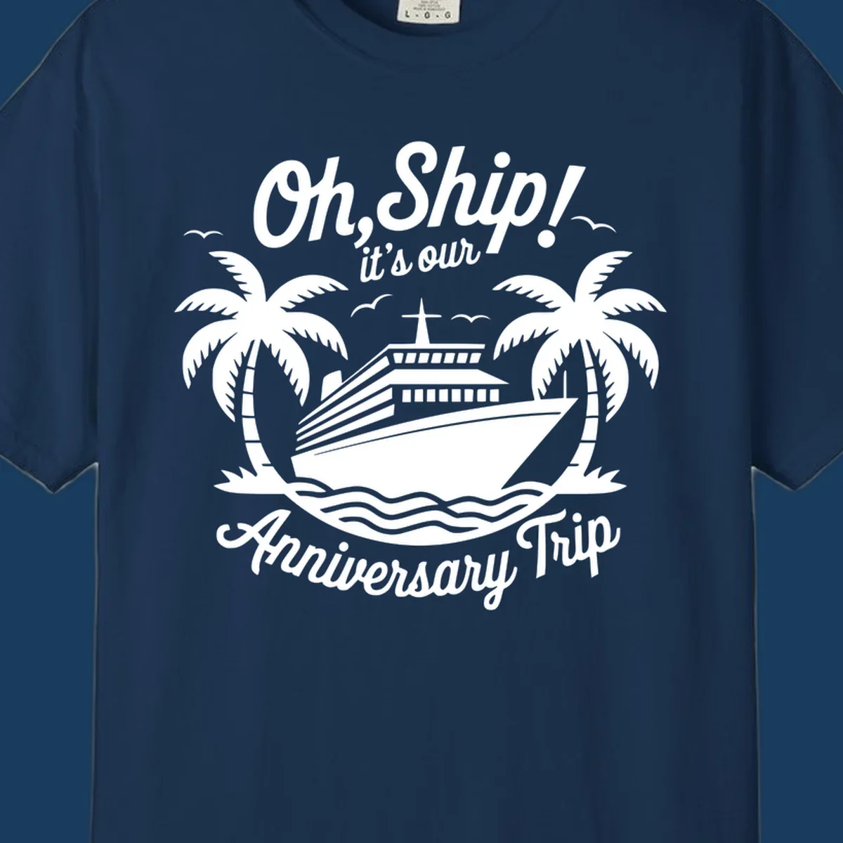 Cruise ship with palm trees and anniversary text. Anniversary-cruise-ship.